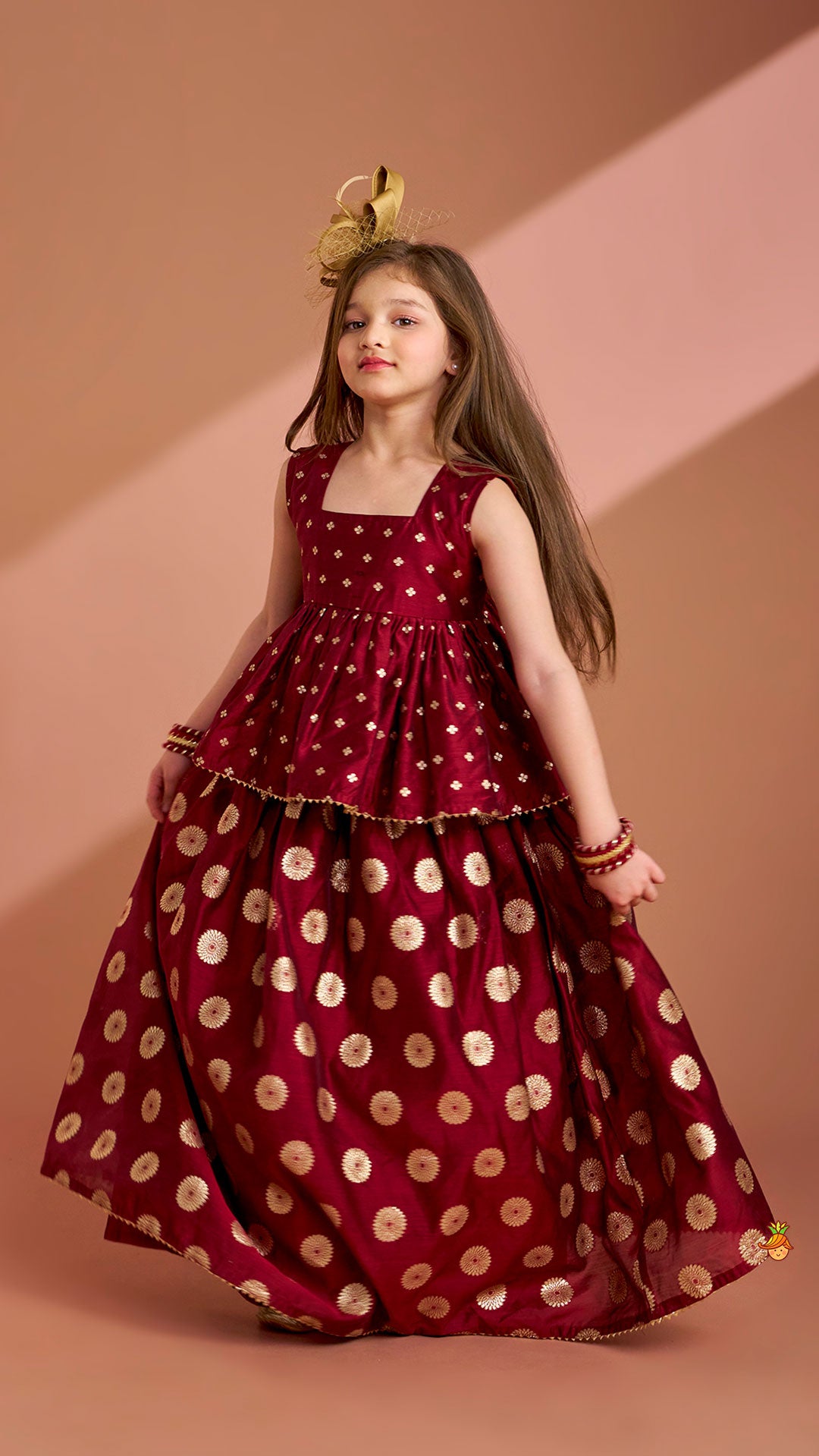 Pre Order: Chanderi Embroidered Maroon Peplum Top With Lehenga