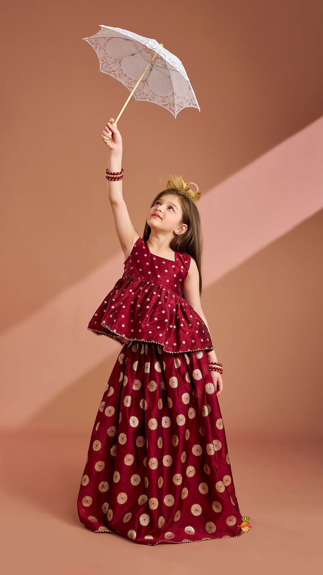 Pre Order: Chanderi Embroidered Maroon Peplum Top With Lehenga