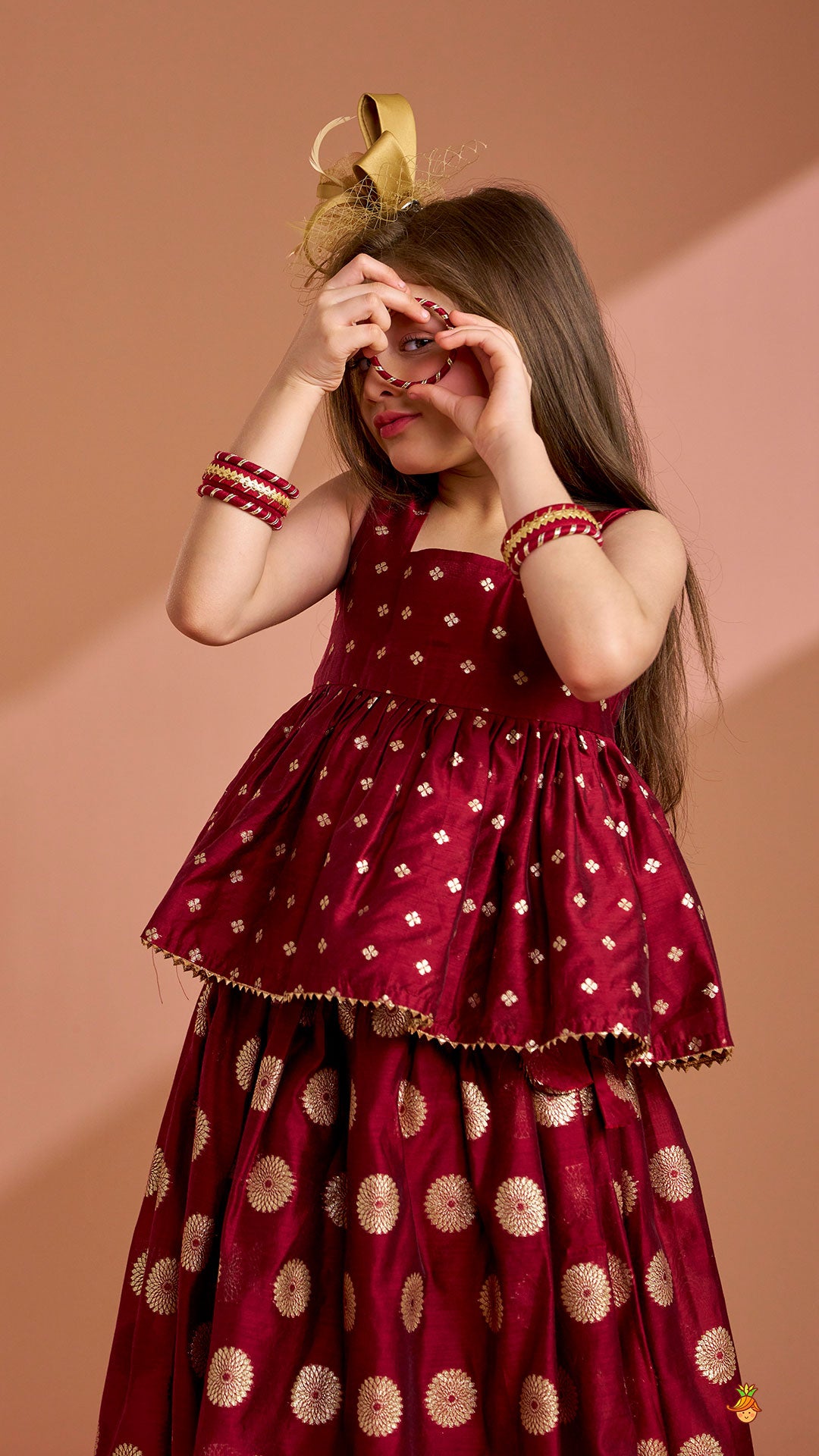 Pre Order: Chanderi Embroidered Maroon Peplum Top With Lehenga