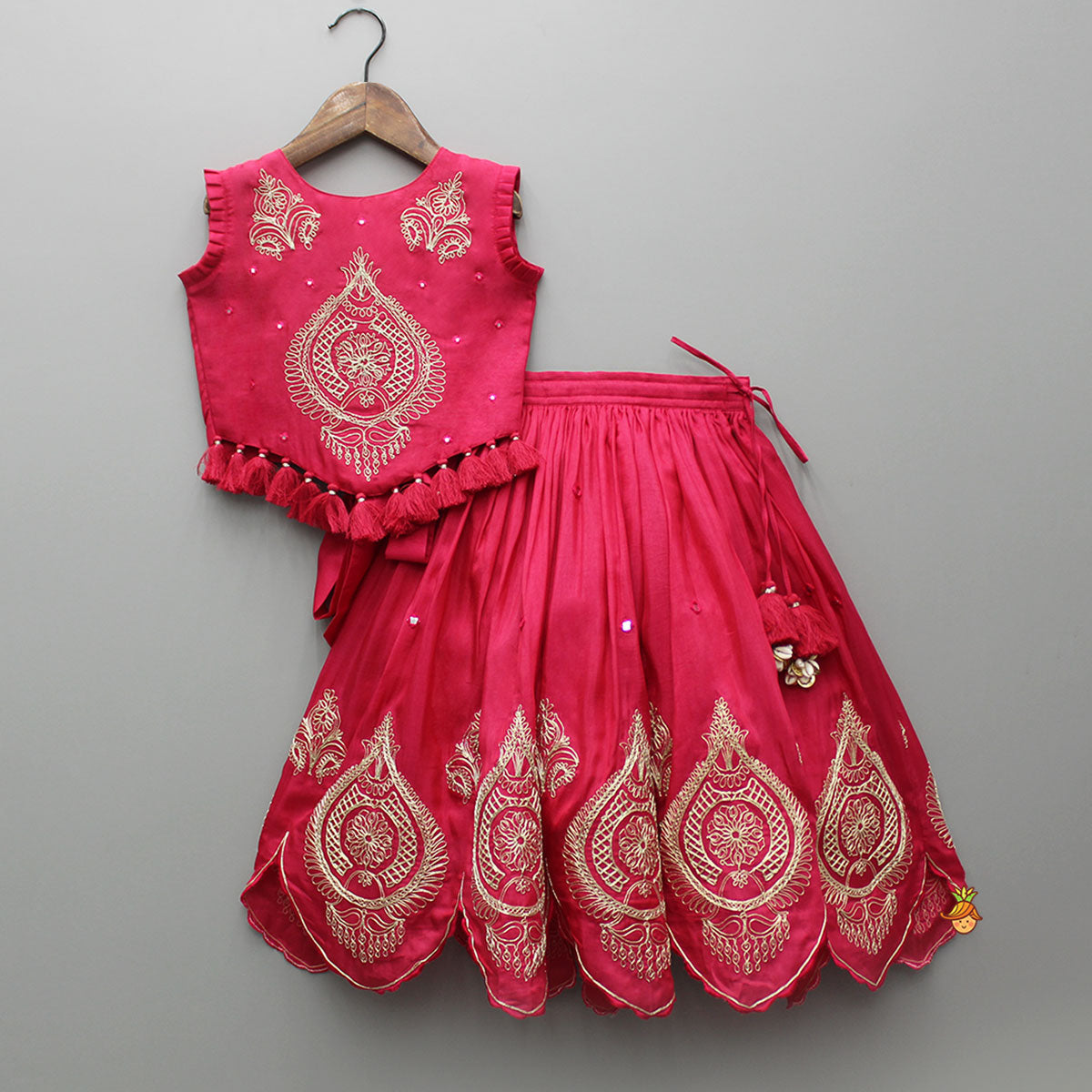 Pre Order: Embroidered Stylish Hem Pink Top And Pleated Lehenga