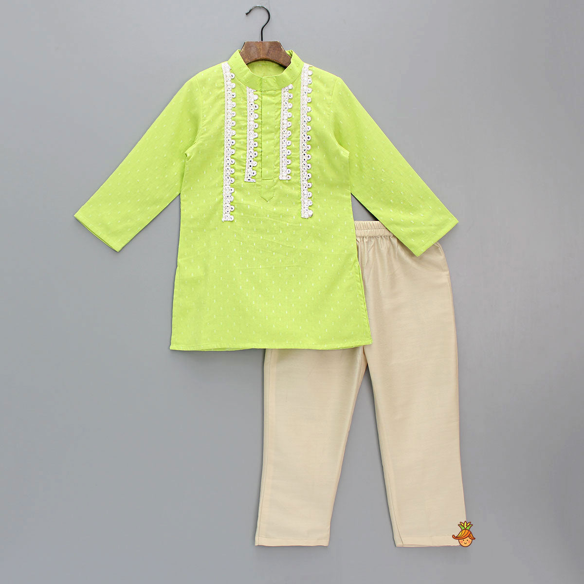 Pre Order: Fuax Mirror Detail Green Kurta And Pyjama