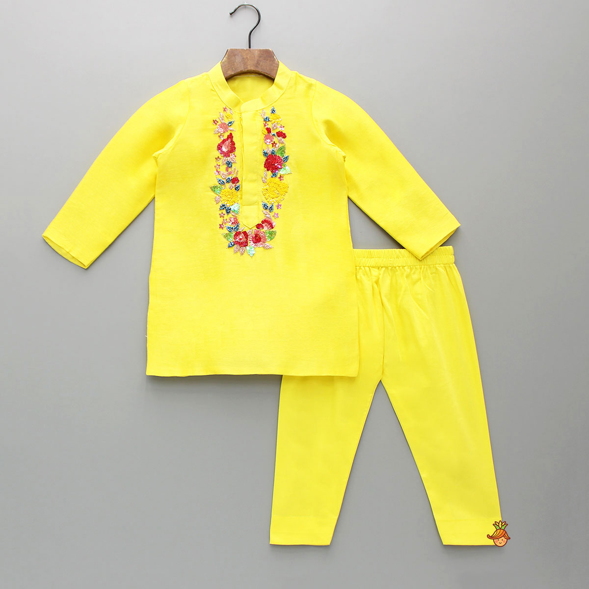 Pre Order: Floral Embroidered Yellow Kurta And Matching Pyjama