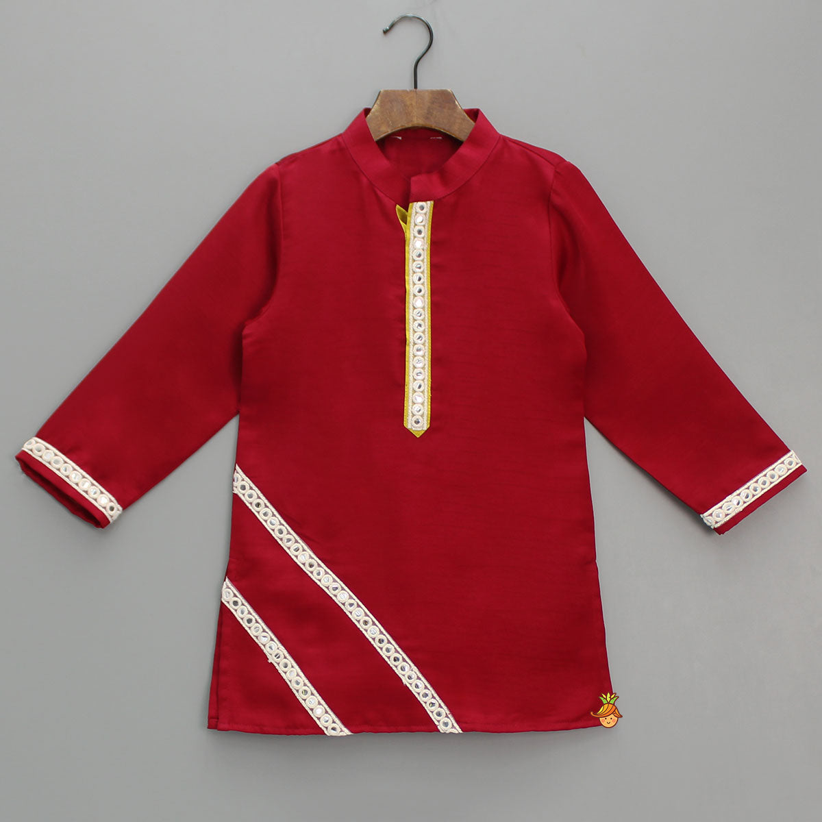 Pre Order: Faux Mirror Lace Detail Red Kurta And Pyjama