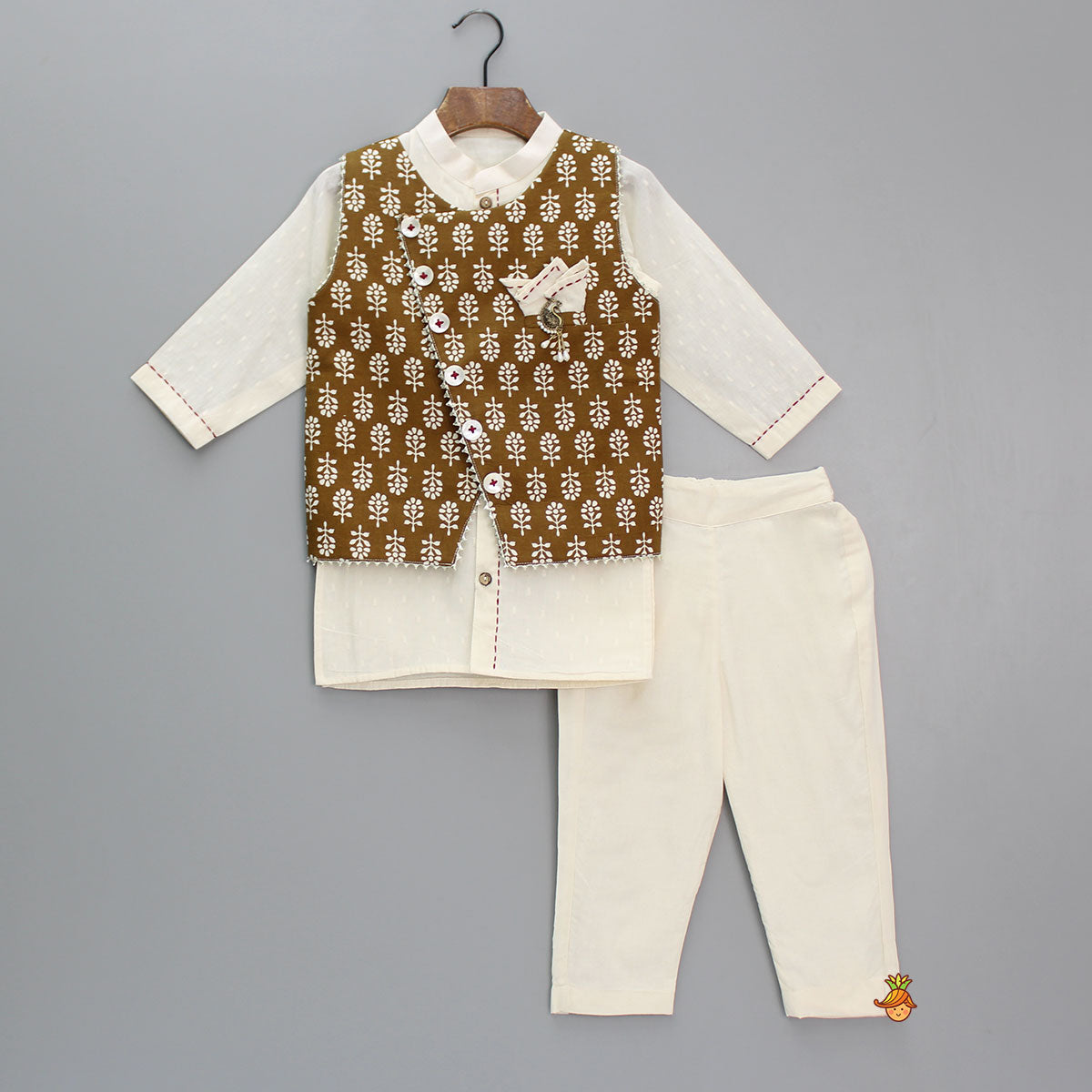 Pre Order: Kurta With Printed Brown Jacket And Pyjama