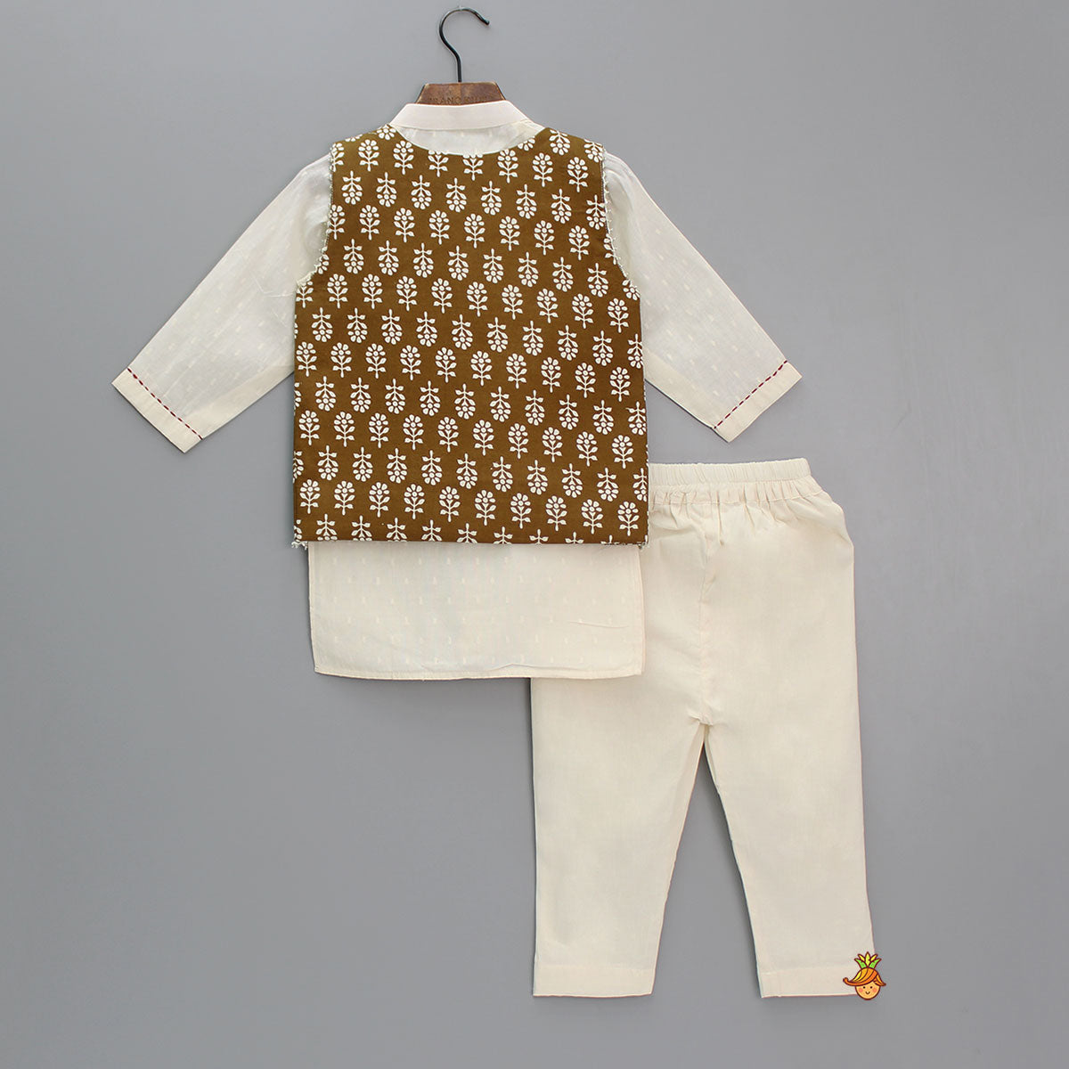 Pre Order: Kurta With Printed Brown Jacket And Pyjama