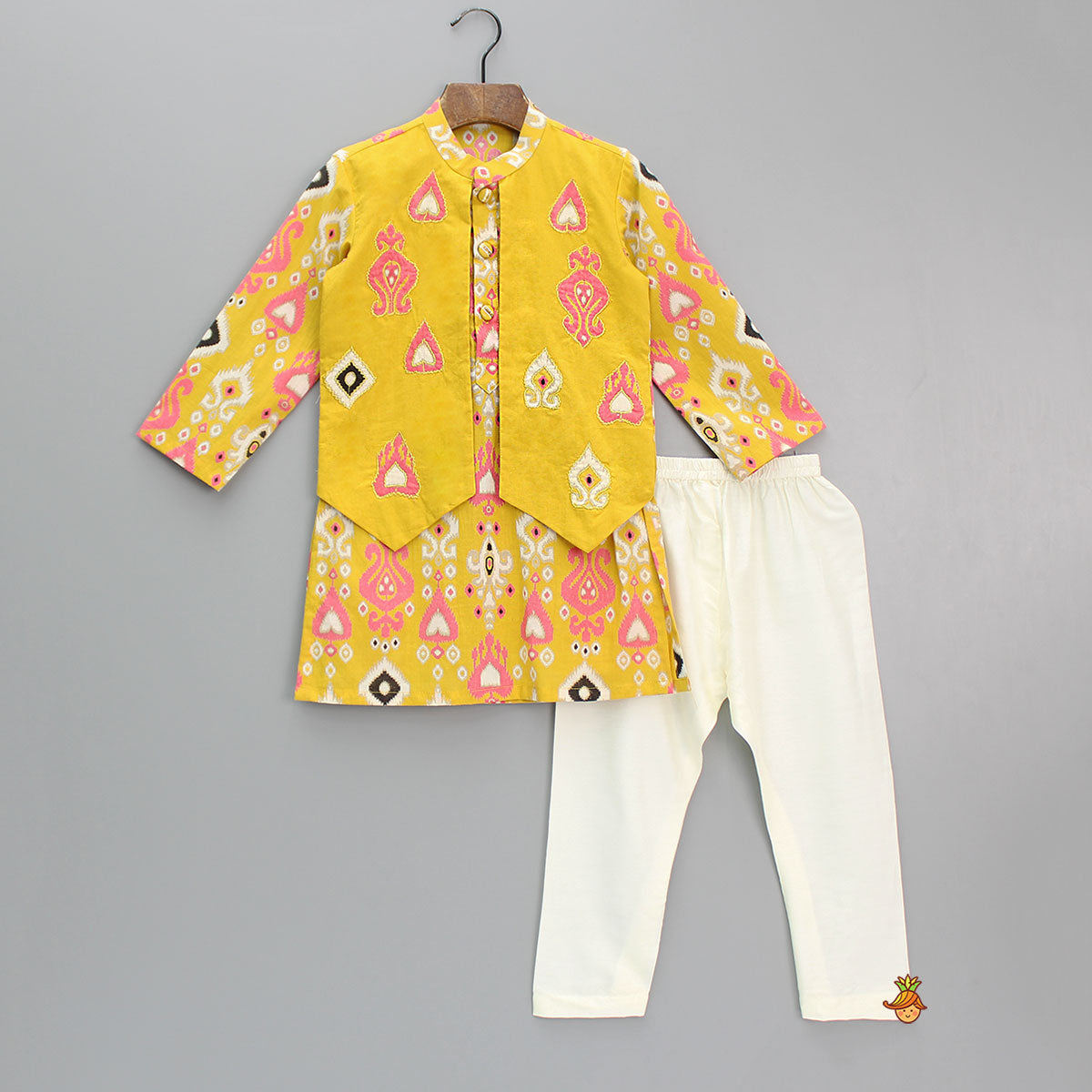 Pre Order: Multicoloured Printed Yellow Kurta With Attached Jacket And Pyjama