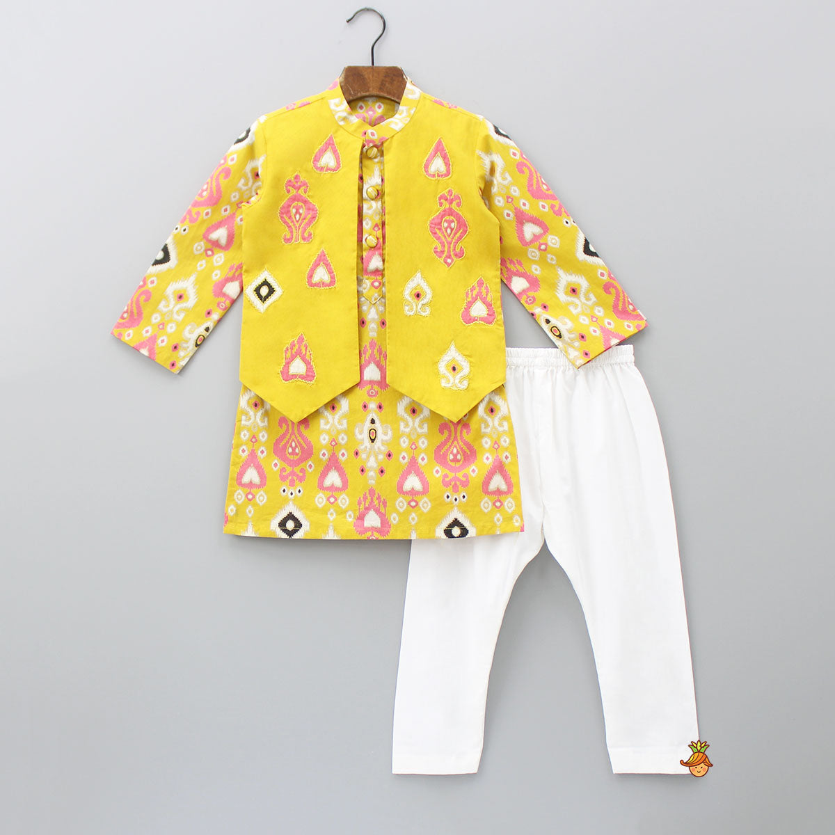 Pre Order: Multicoloured Printed Yellow Kurta With Attached Jacket And Pyjama