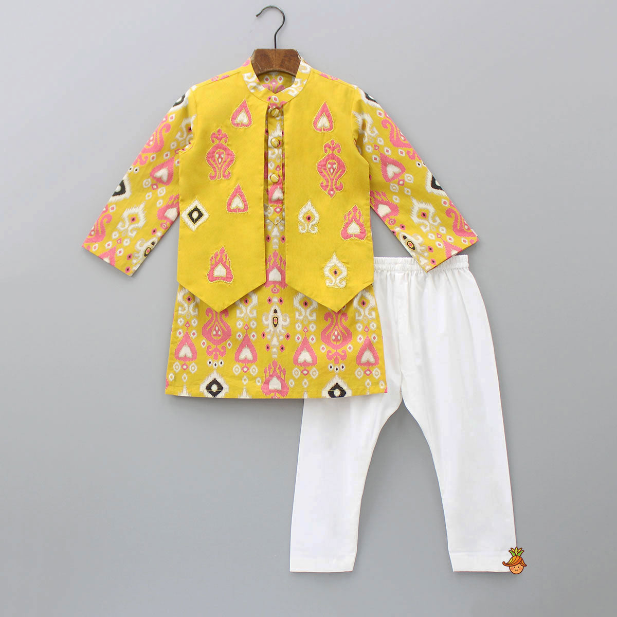 Pre Order: Multicoloured Printed Yellow Kurta With Attached Jacket And Pyjama