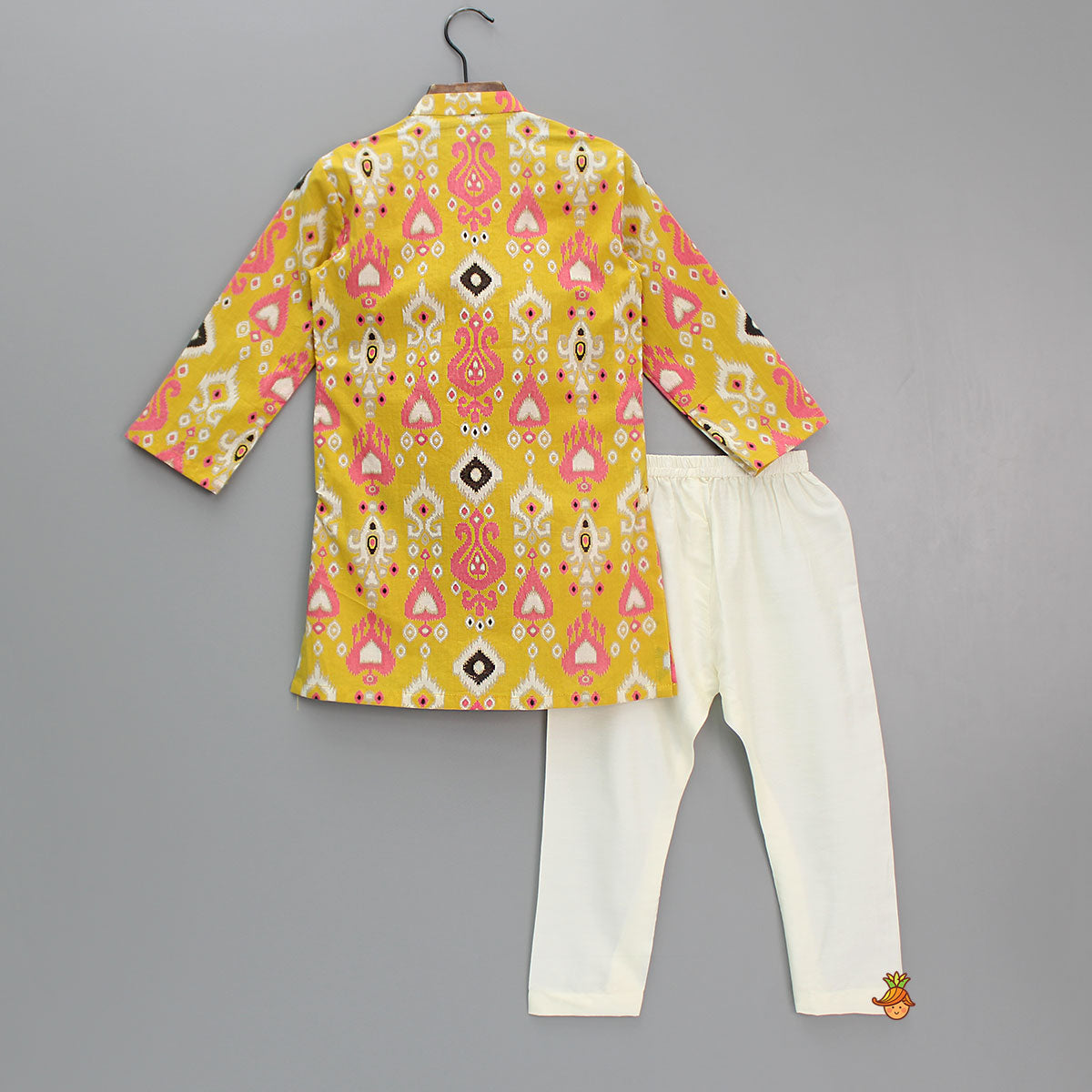 Pre Order: Multicoloured Printed Yellow Kurta With Attached Jacket And Pyjama