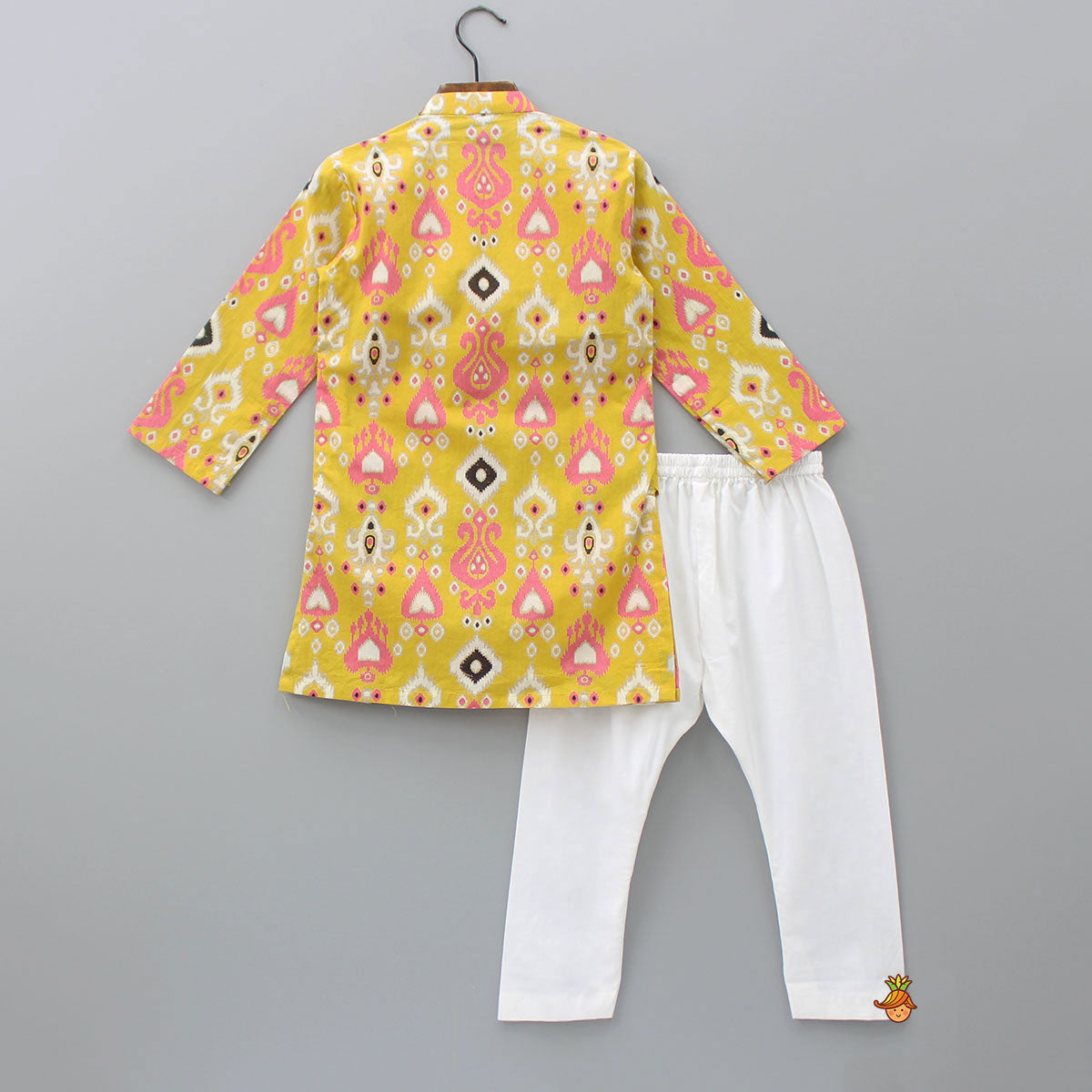 Pre Order: Multicoloured Printed Yellow Kurta With Attached Jacket And Pyjama