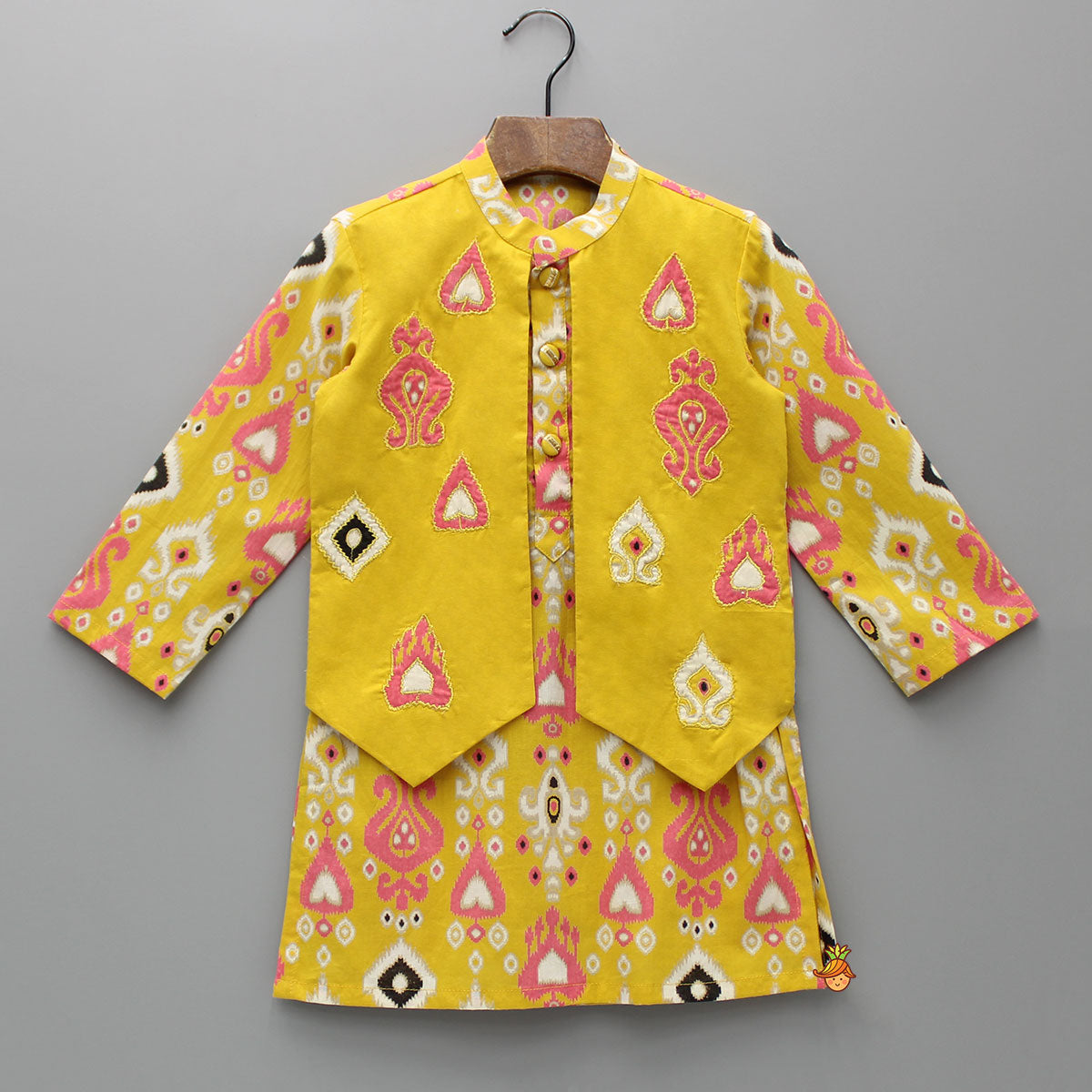 Pre Order: Multicoloured Printed Yellow Kurta With Attached Jacket And Pyjama