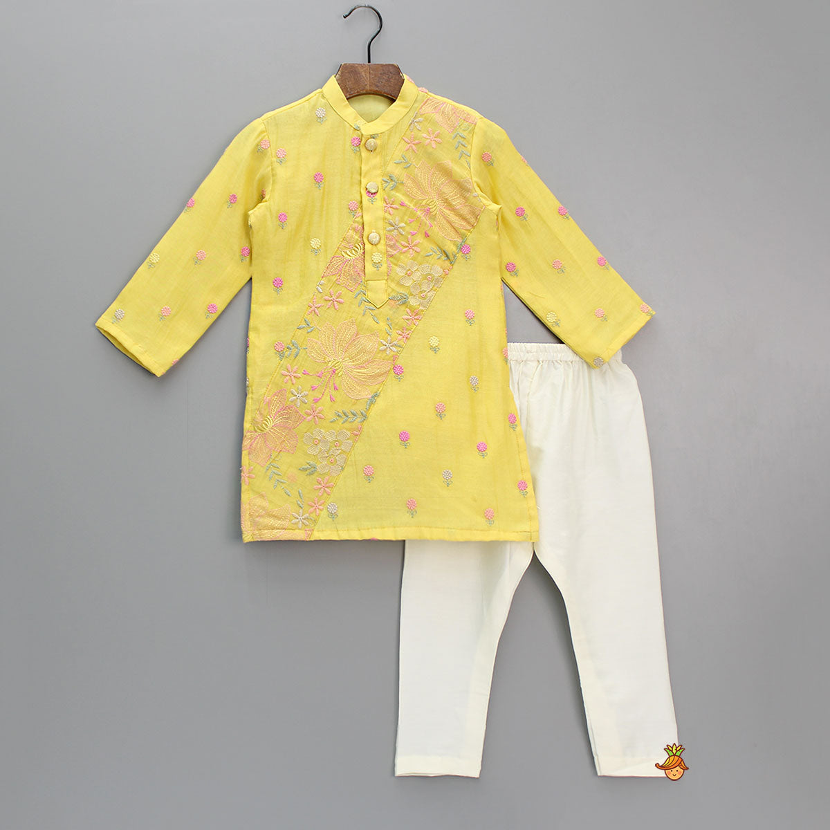 Pre Order: Yellow Floral Embroidered Kurta And Pyjama