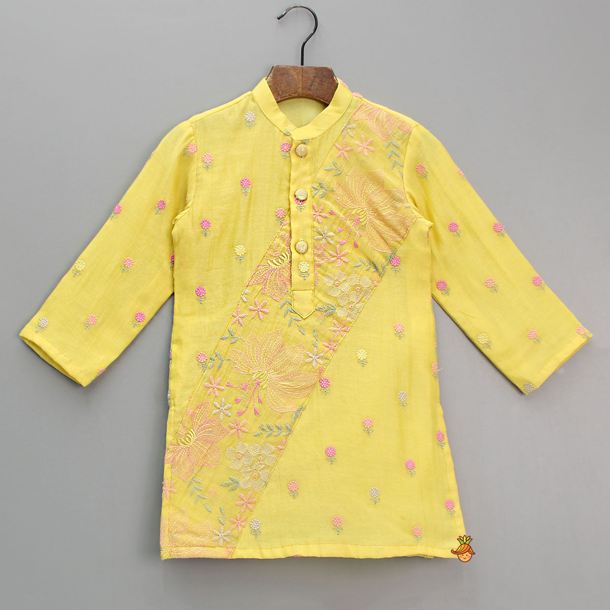 Pre Order: Yellow Floral Embroidered Kurta And Pyjama