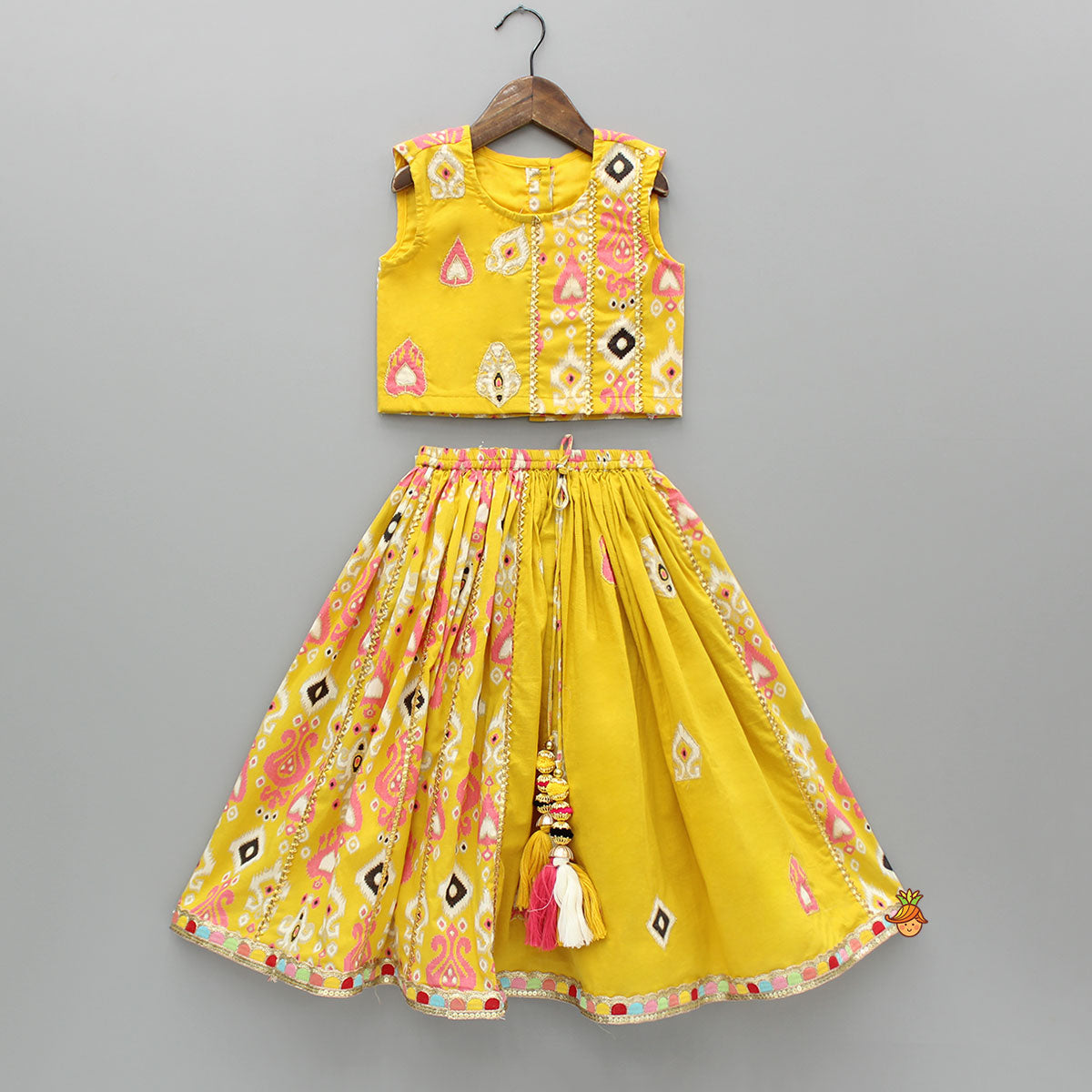 Pre Order: Printed Yellow Top And Pleated Lehenga