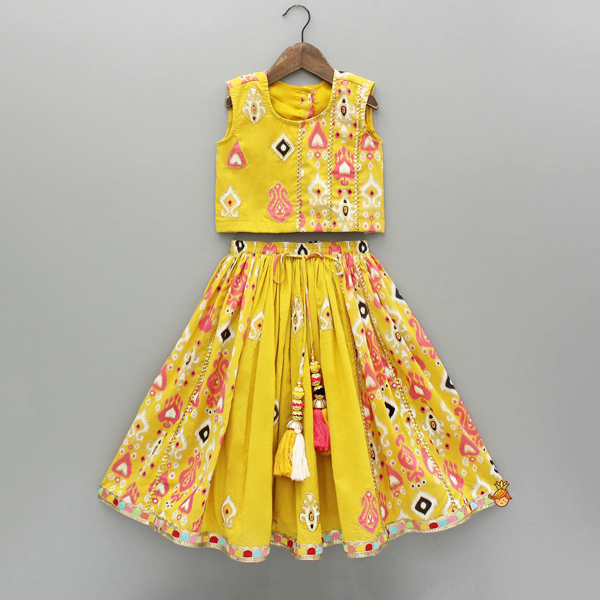 Pre Order: Printed Yellow Top And Pleated Lehenga