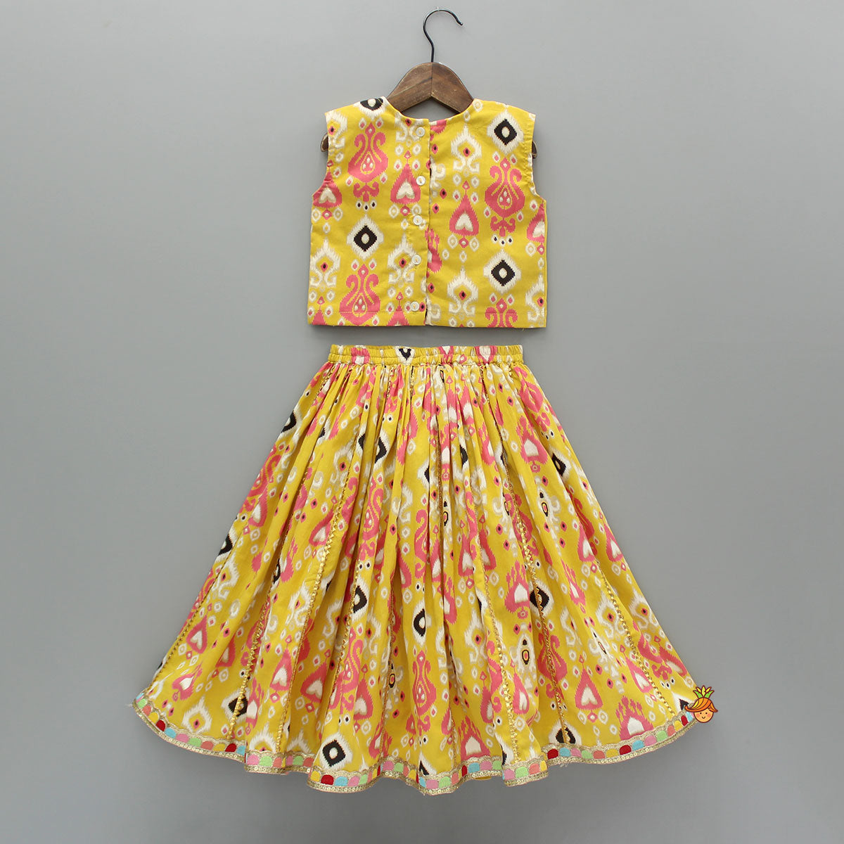 Pre Order: Printed Yellow Top And Pleated Lehenga