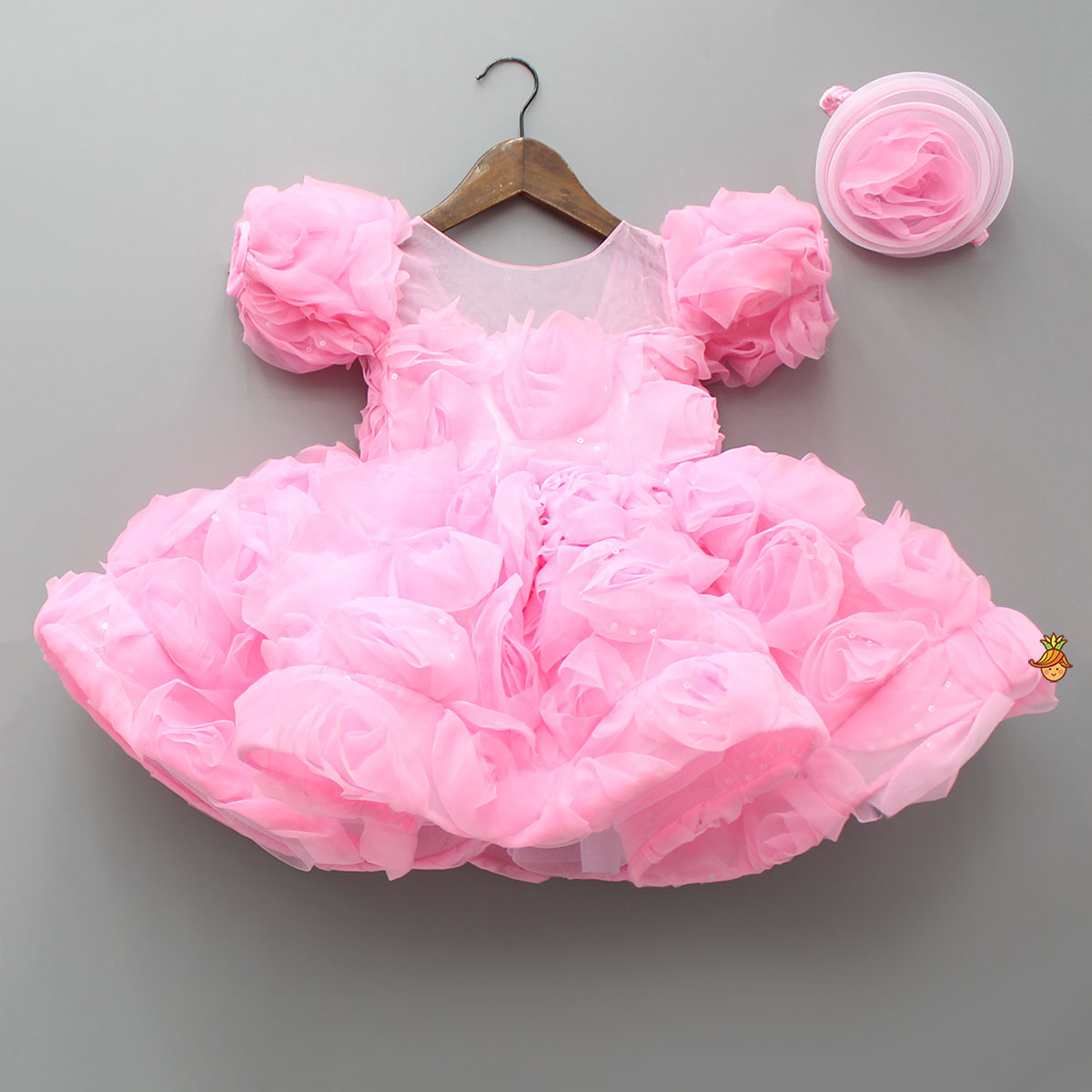 Pre Order: Frilly Pink Dress With Detachable Bow And Matching Swirled Headbow