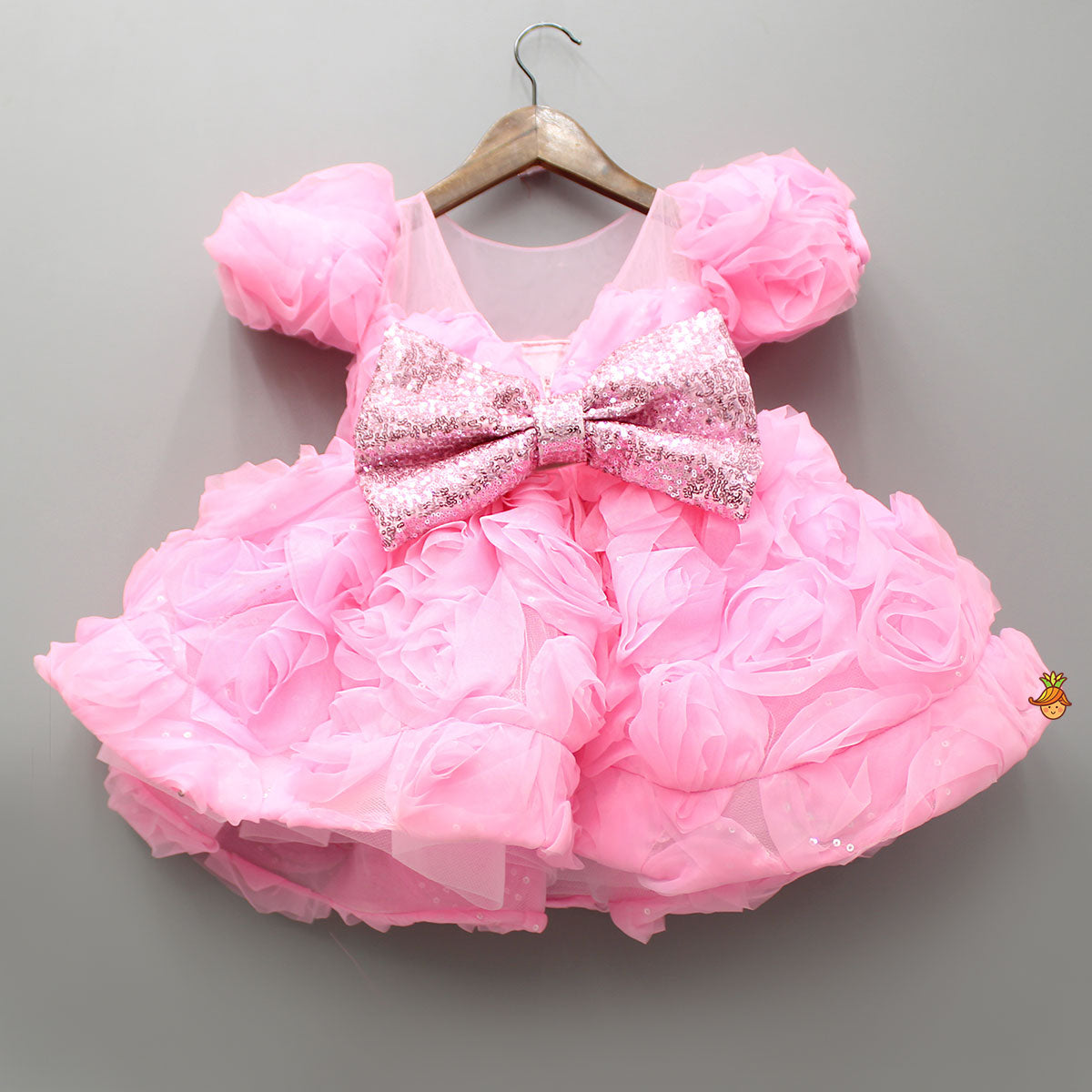 Pre Order: Frilly Pink Dress With Detachable Bow And Matching Swirled Headbow