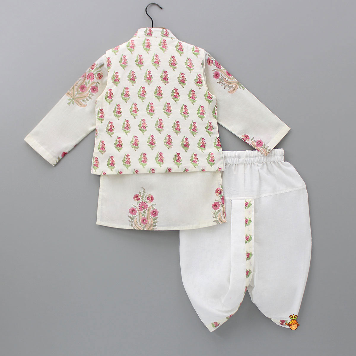 Floral Printed Kurta With Handworked Jacket And Dhoti