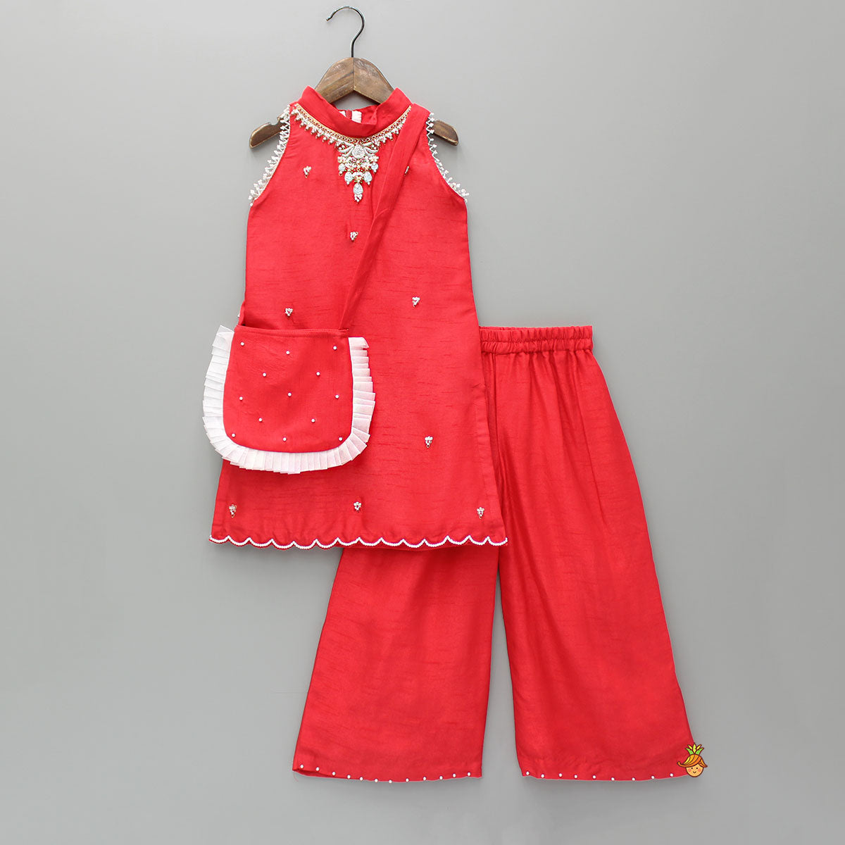 Pre Order: Embroidered Red Halter Neck Kurti With Palazzo And Matching Sling Bag