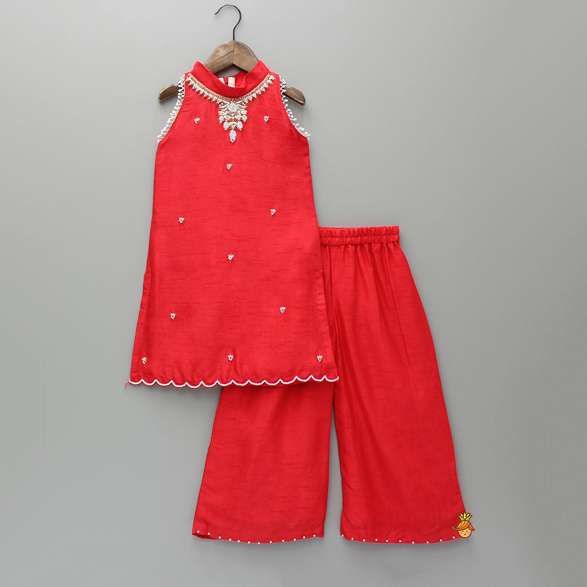 Pre Order: Embroidered Red Halter Neck Kurti With Palazzo And Matching Sling Bag