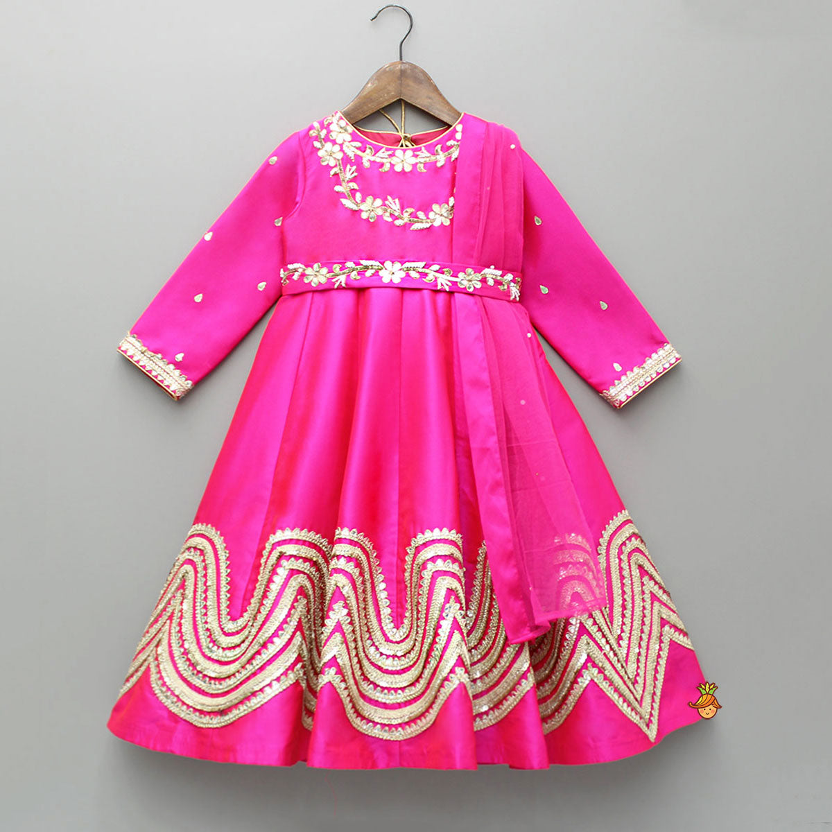 Pre Order: Embroidered Gota Lace Work Pink Anarkali With Attached Dupatta