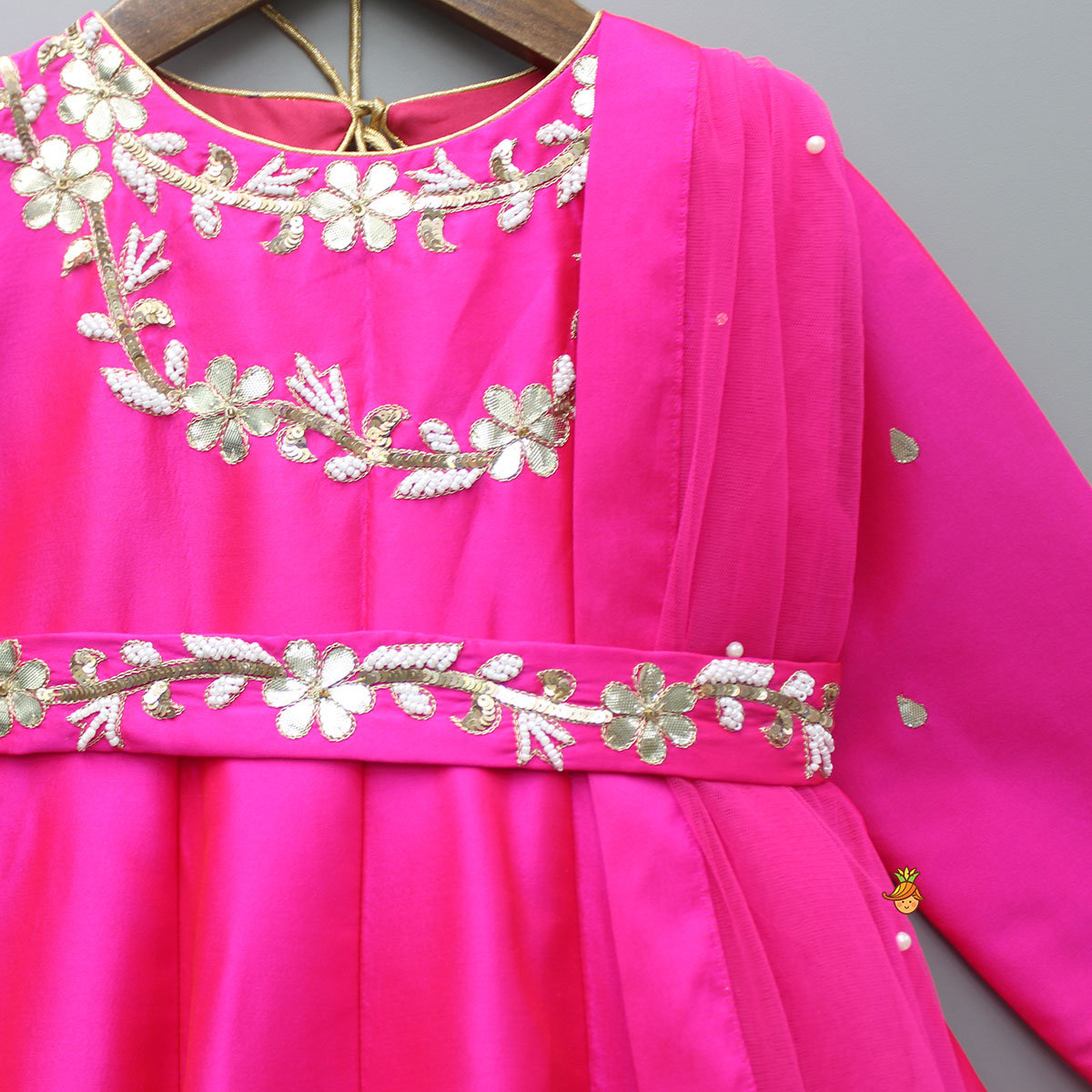 Pre Order: Embroidered Gota Lace Work Pink Anarkali With Attached Dupatta