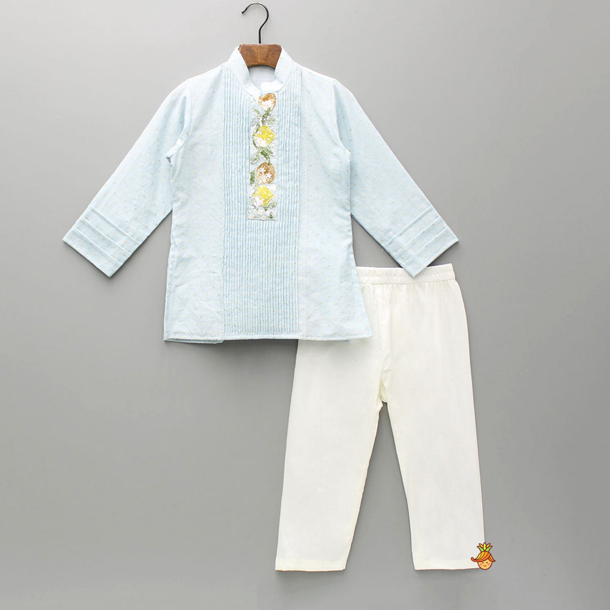 Pre Order: Chanderi Embroidered Blue Kurta With Pintucks And Pyjama