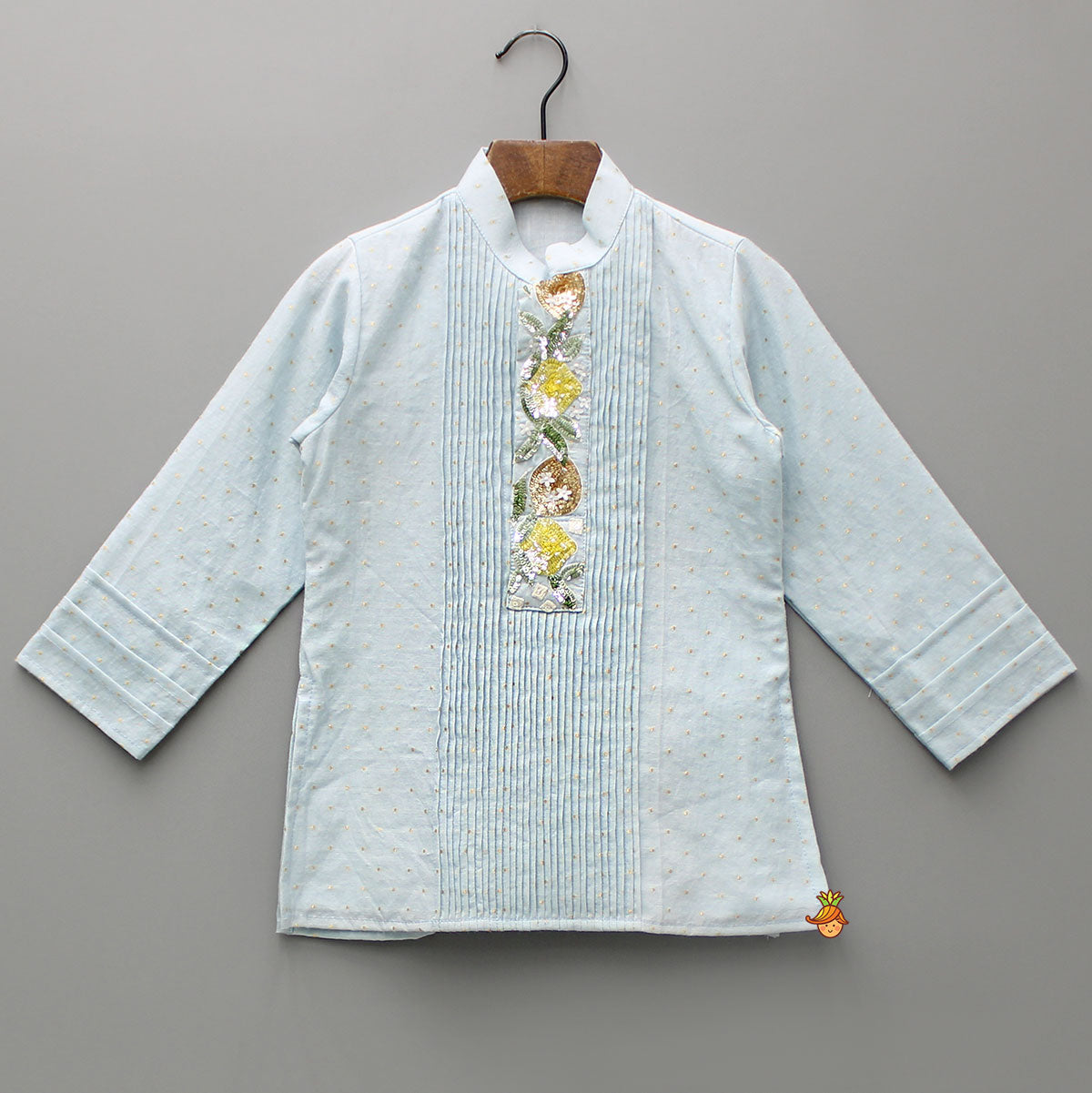 Pre Order: Chanderi Embroidered Blue Kurta With Pintucks And Pyjama