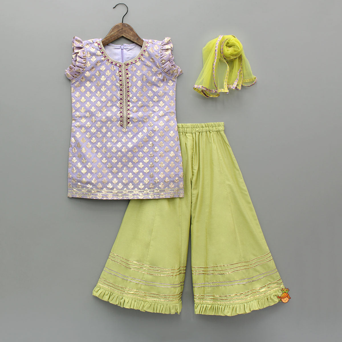 Pre Order: Chanderi Embroidered Kurti With Palazzo And Dupatta