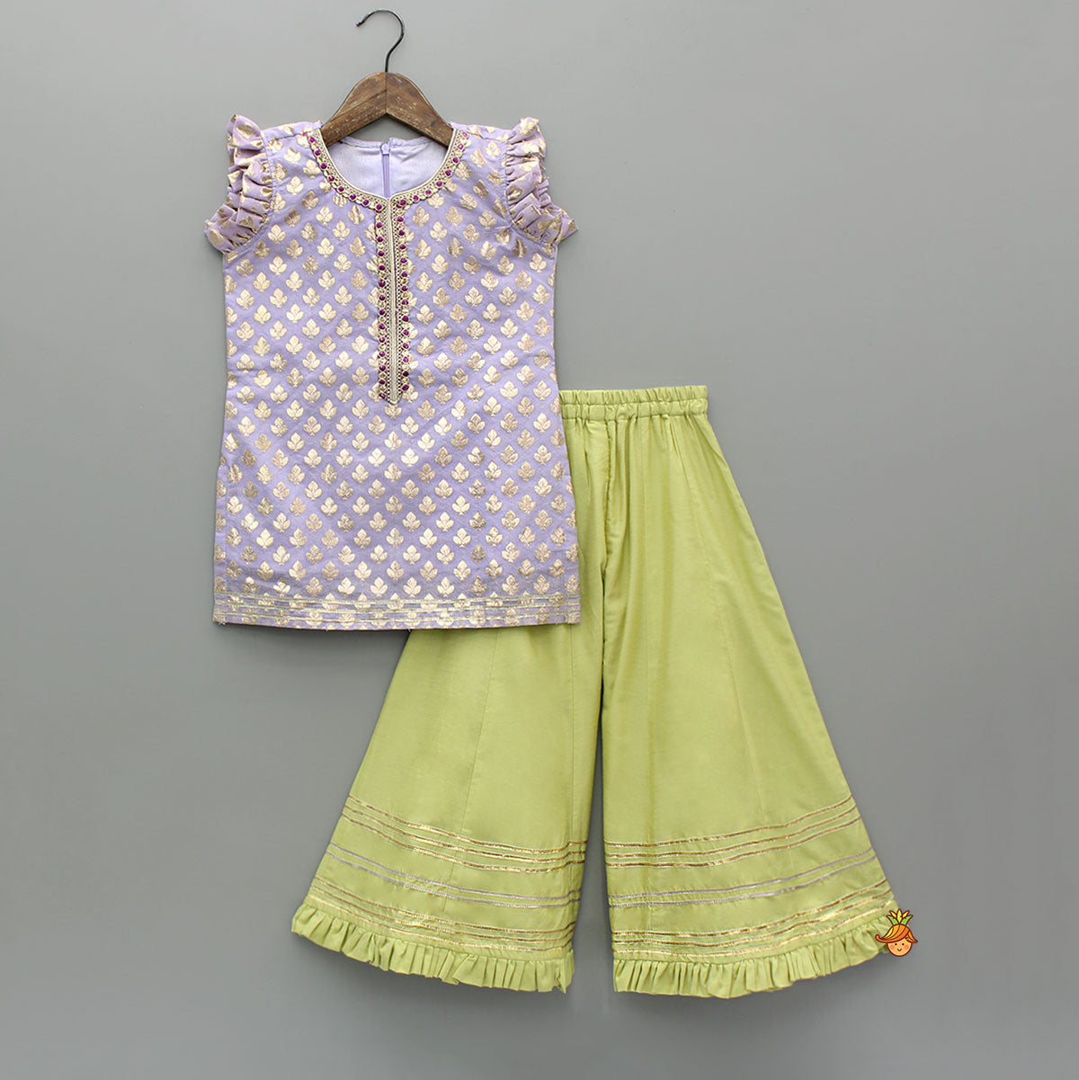 Pre Order: Chanderi Embroidered Kurti With Palazzo And Dupatta