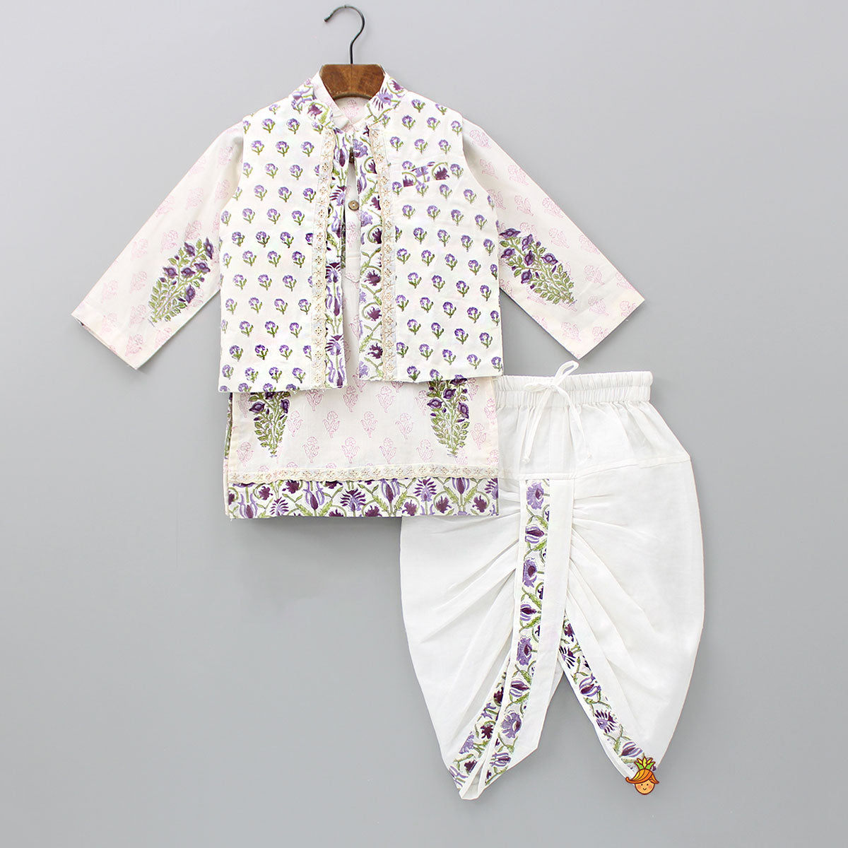 Pre Order: Floral Printed Kurta With Jacket And Dhoti