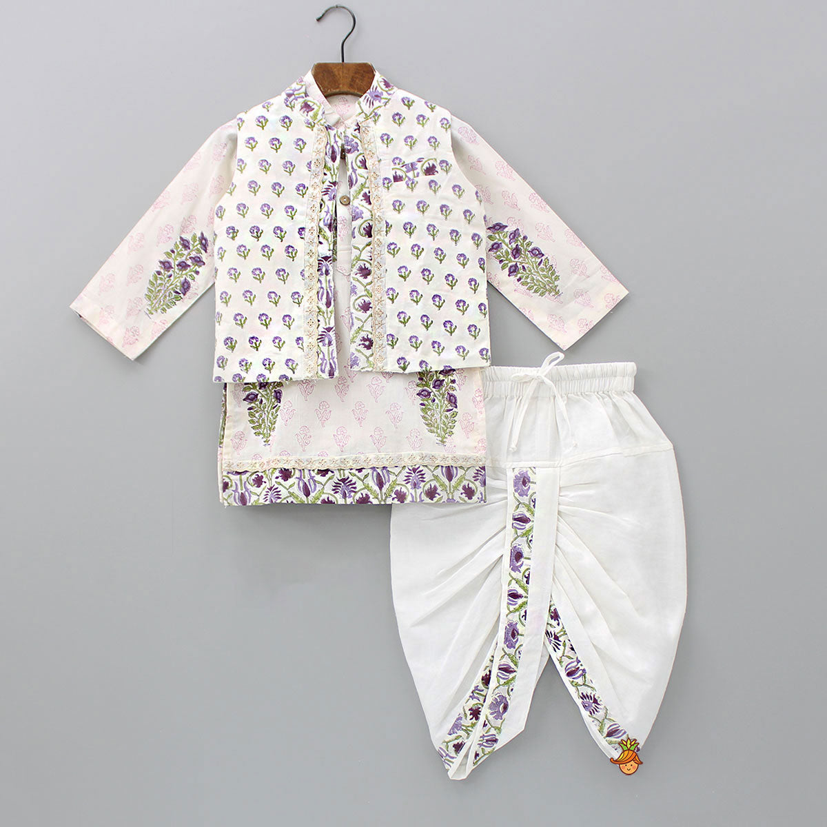 Pre Order: Floral Printed Kurta With Jacket And Dhoti