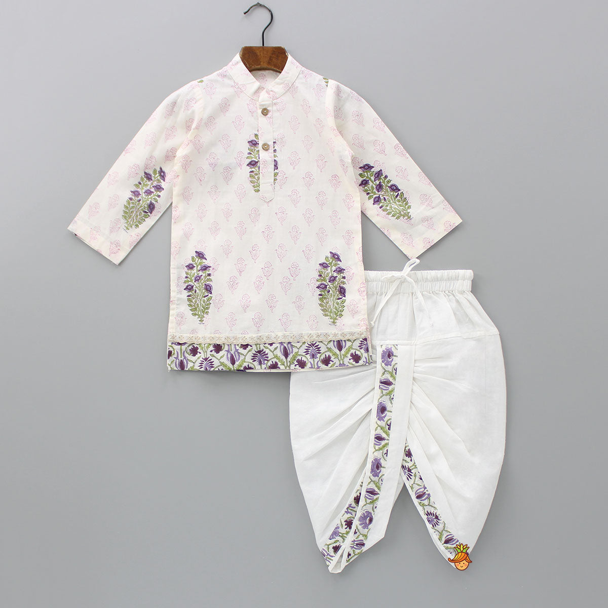 Pre Order: Floral Printed Kurta With Jacket And Dhoti