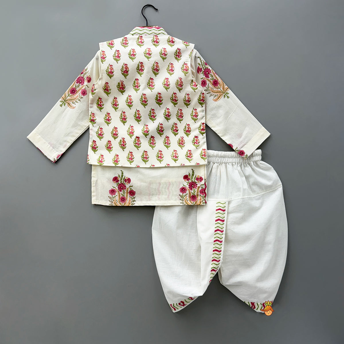 Pre Order: Multicoloured Floral Printed Kurta With Jacket And Dhoti