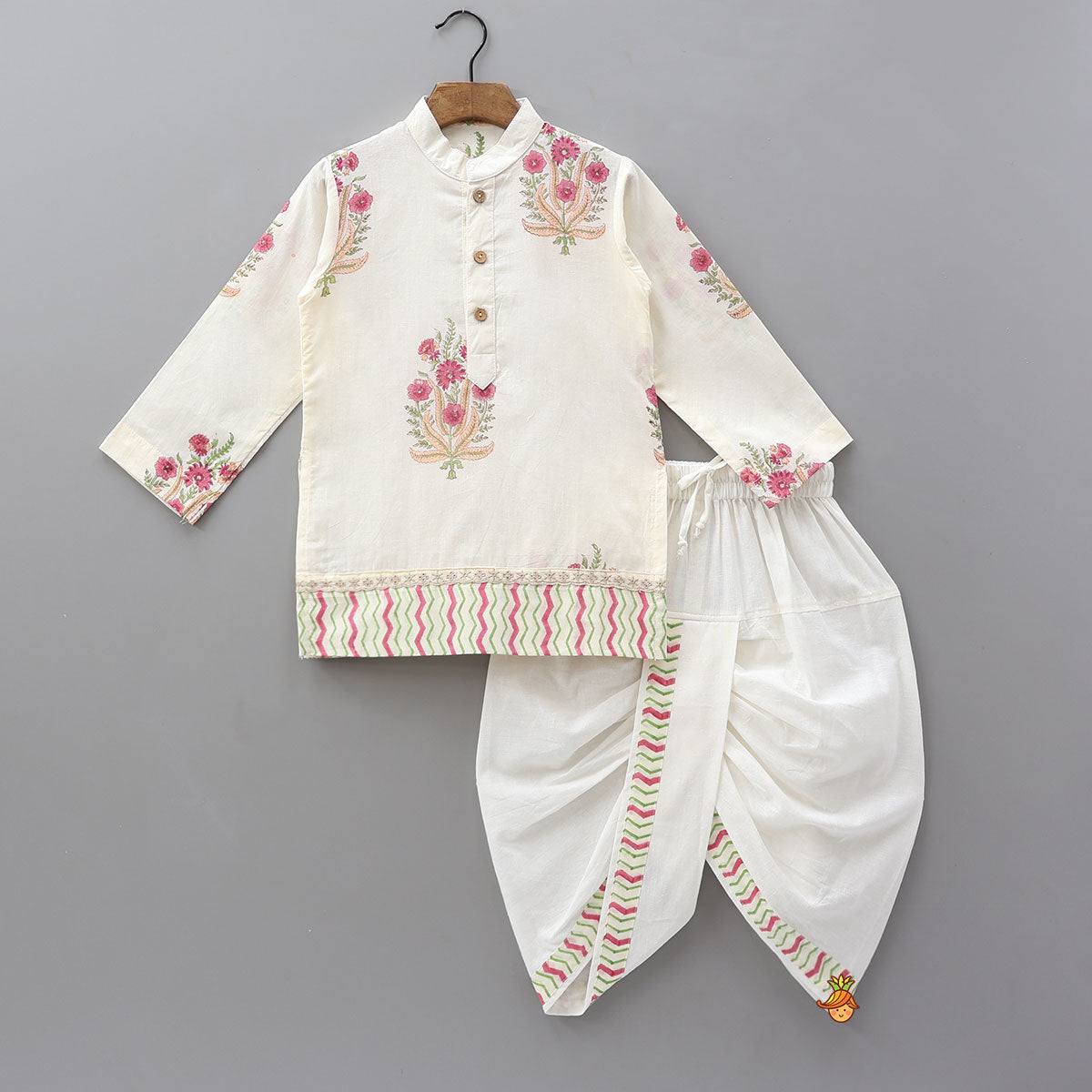 Pre Order: Multicoloured Floral Printed Kurta With Jacket And Dhoti