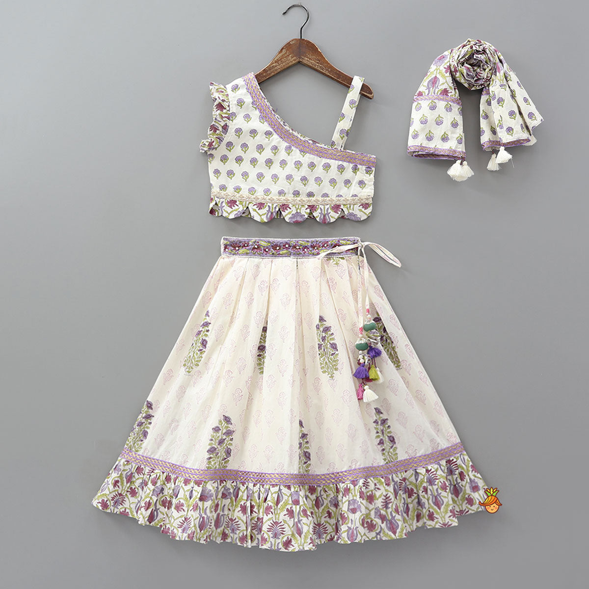 Pre Order: Floral Printed One Shoulder Top With Lehenga And Dupatta