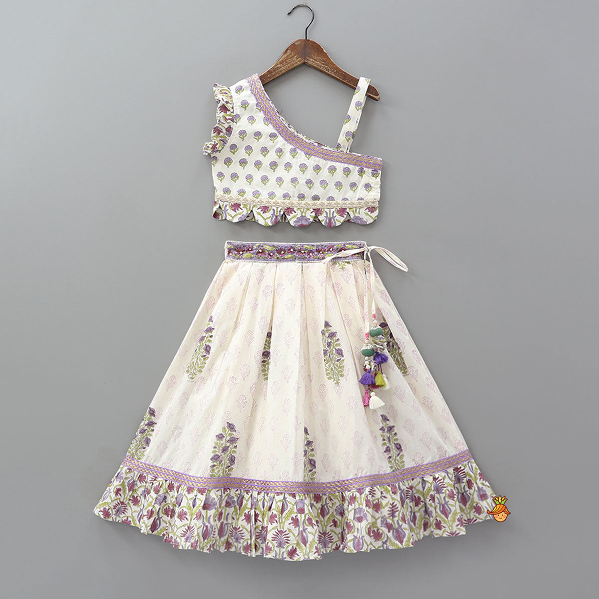 Pre Order: Floral Printed One Shoulder Top With Lehenga And Dupatta