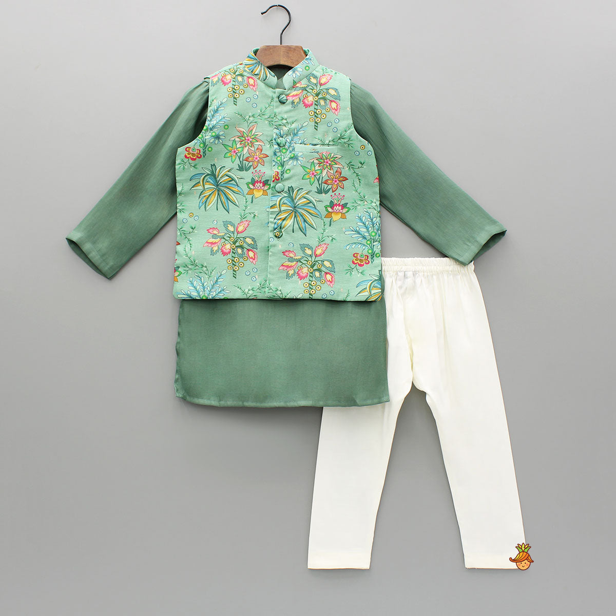 Pre Order: Green Kurta With Printed Jacket And Pyjama