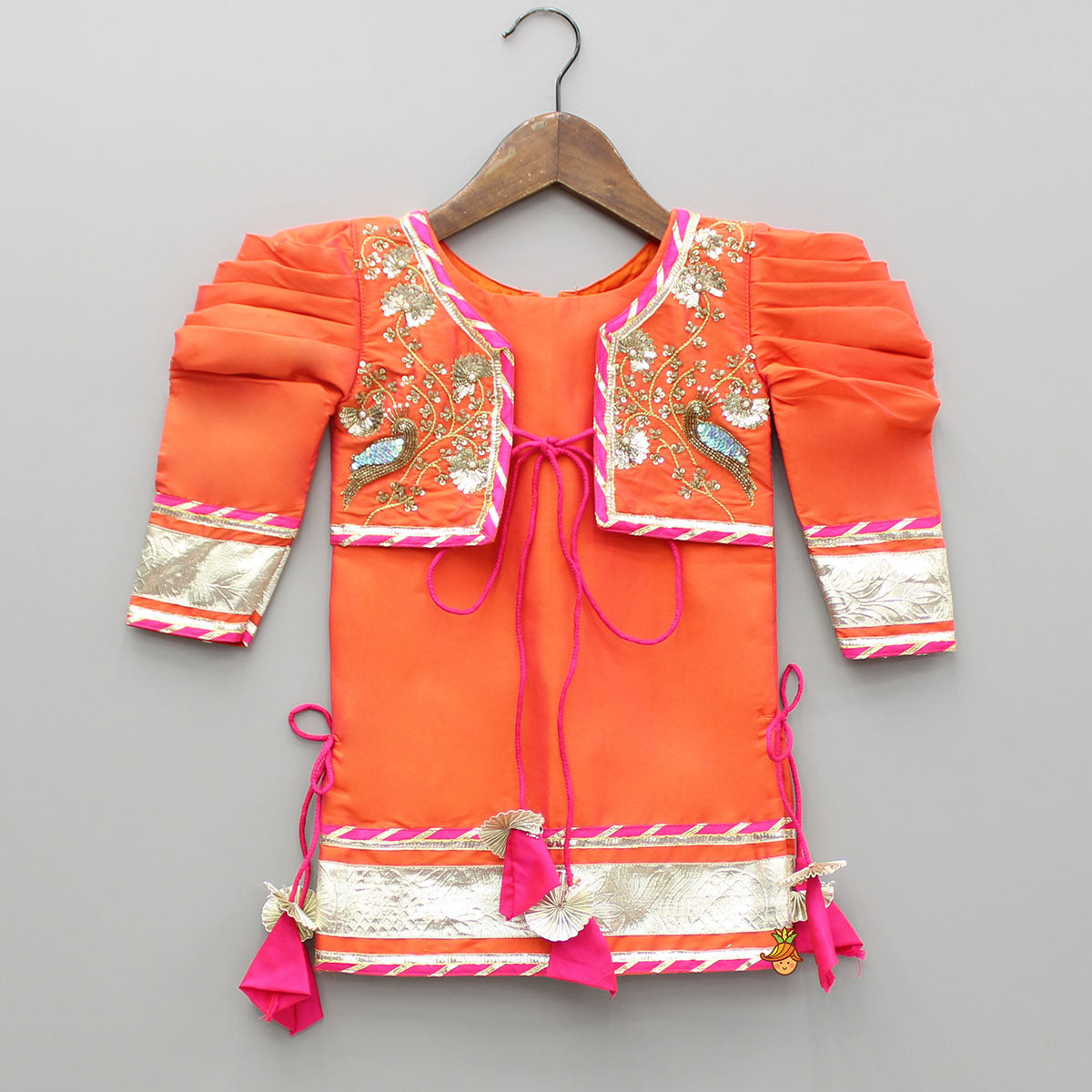 Pre Order: Orange Embroidered Front Open Flap Kurti With Pant And Dupatta