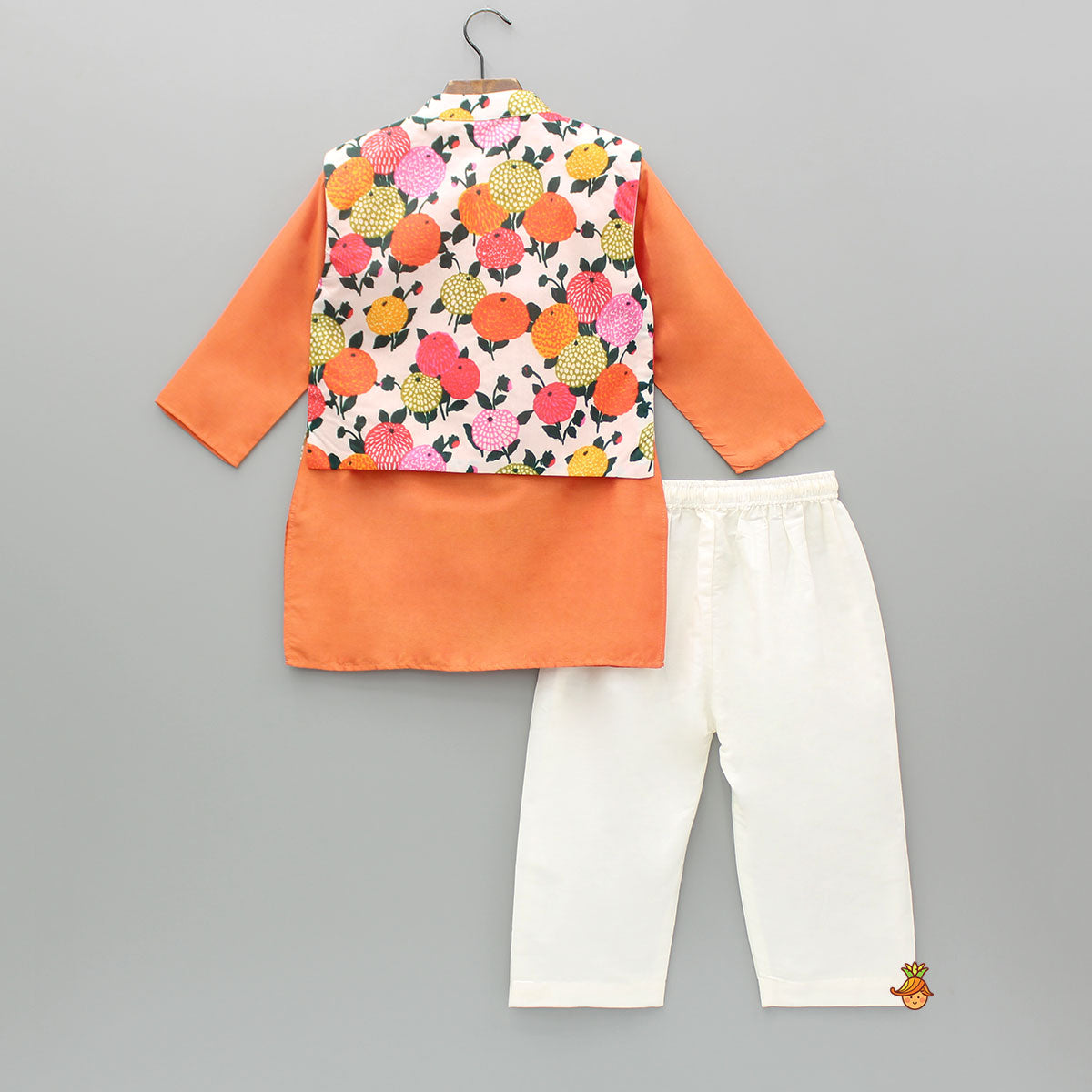 Pre Order: Orange Kurta And Multicolour Jacket With Pyjama