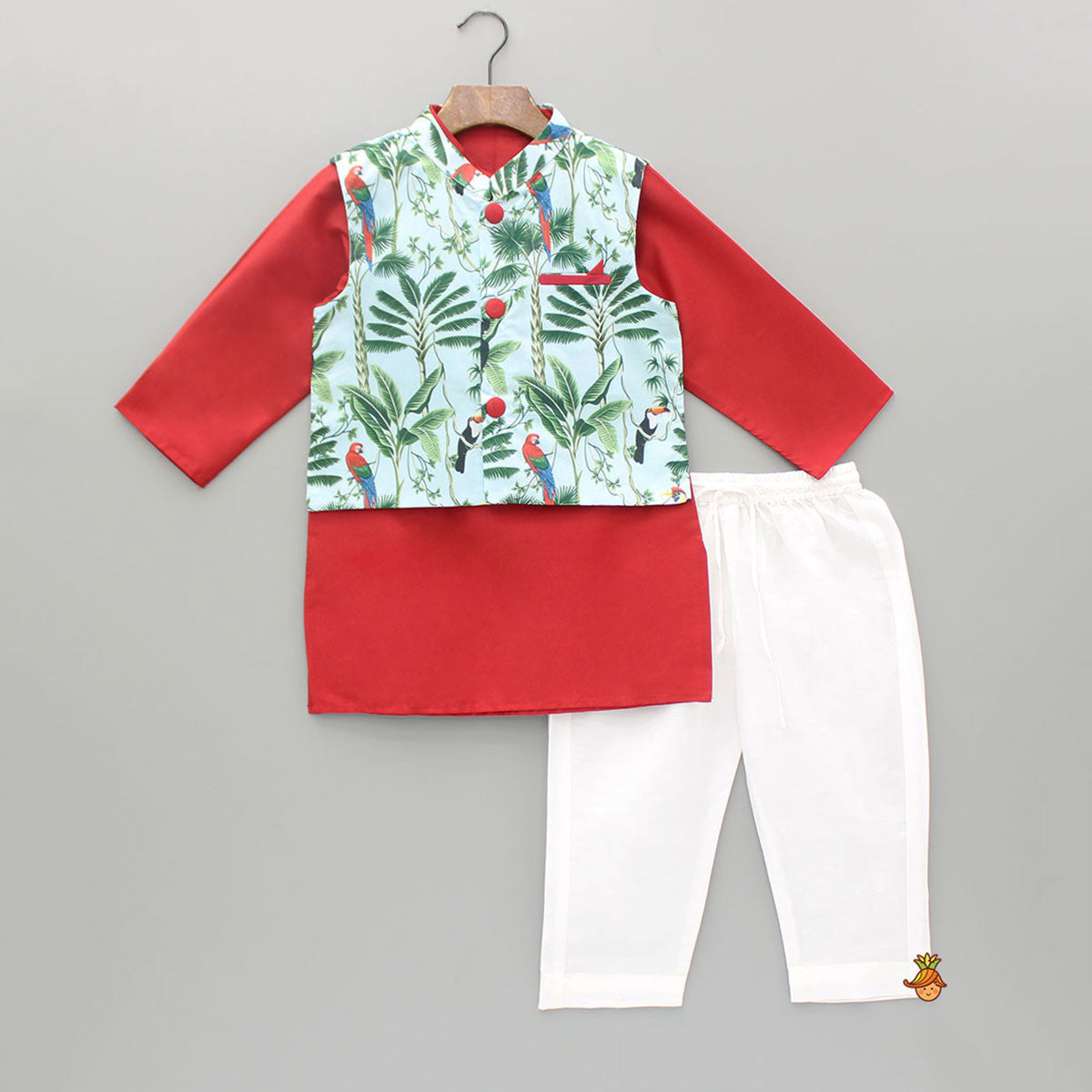 Pre Order: Red Kurta With Jungle Theme Printed Jacket And Pyjama