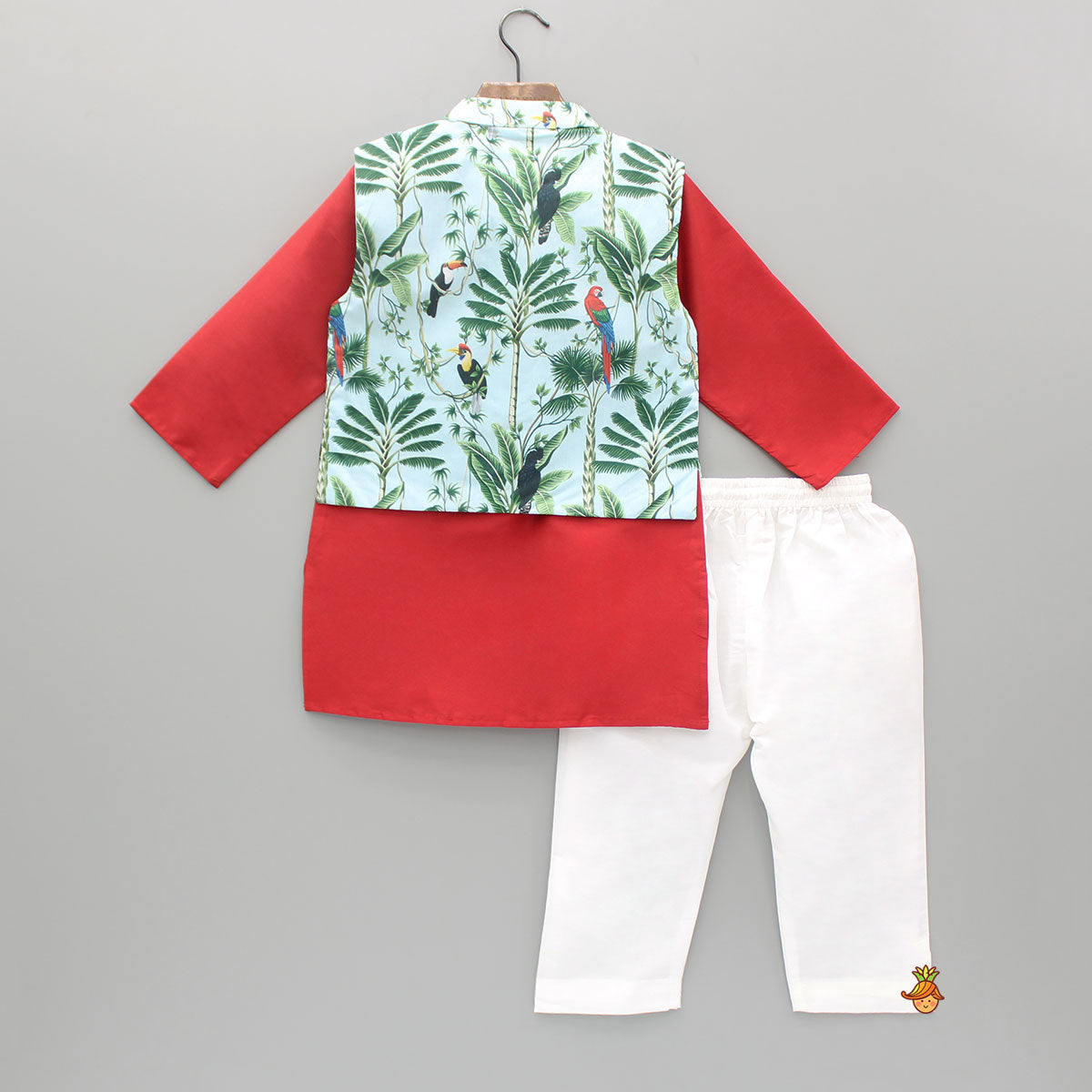 Pre Order: Red Kurta With Jungle Theme Printed Jacket And Pyjama