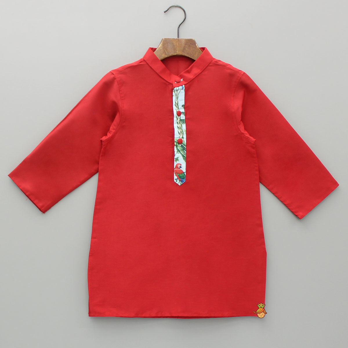 Pre Order: Red Kurta With Jungle Theme Printed Jacket And Pyjama