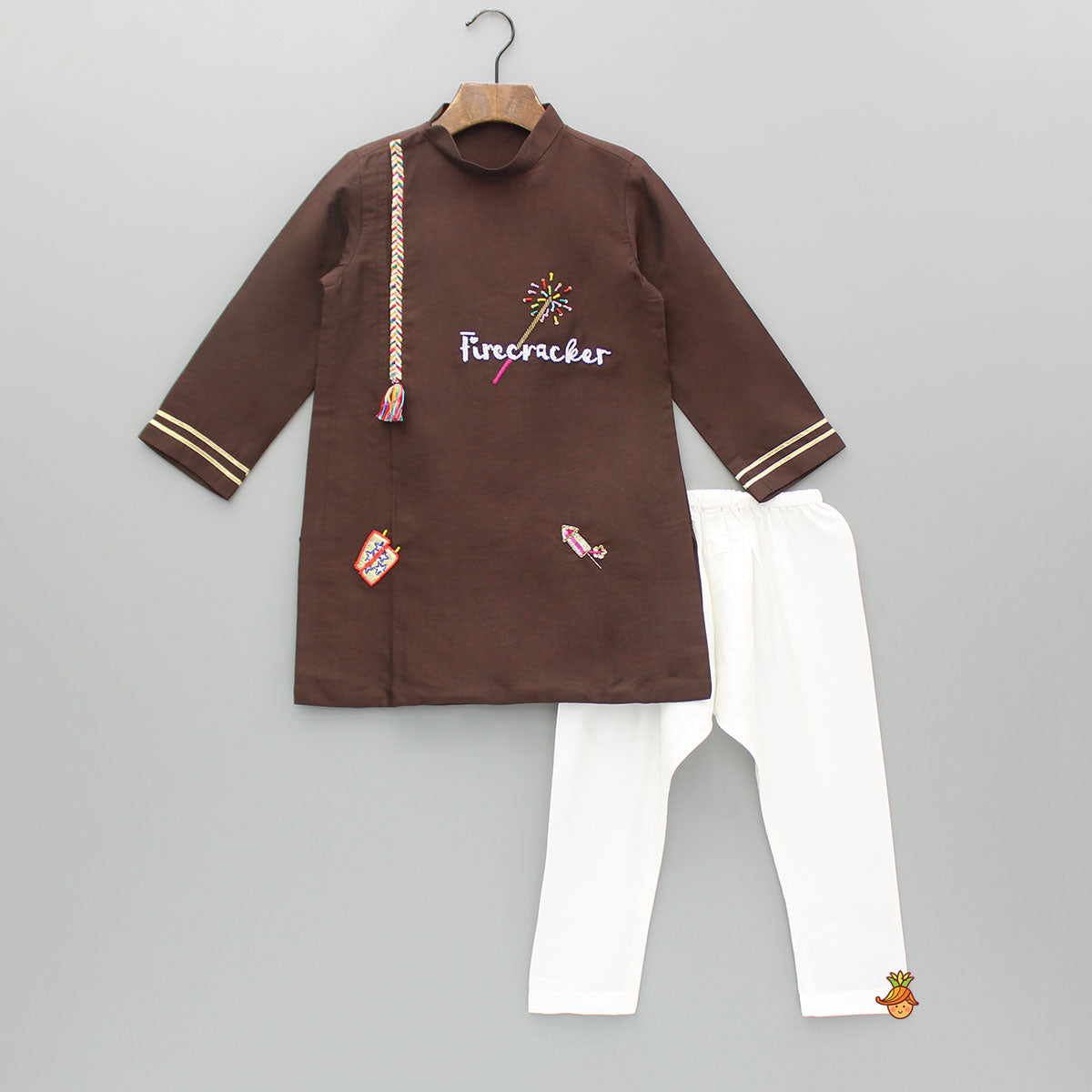 Pre Order: Embroidered Brown Kurta With Pyjama