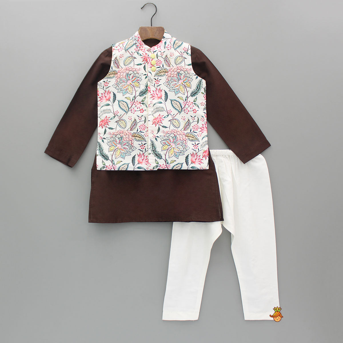 Pre Order: Brown Kurta With Printed Embroidered Jacket And Pyjama