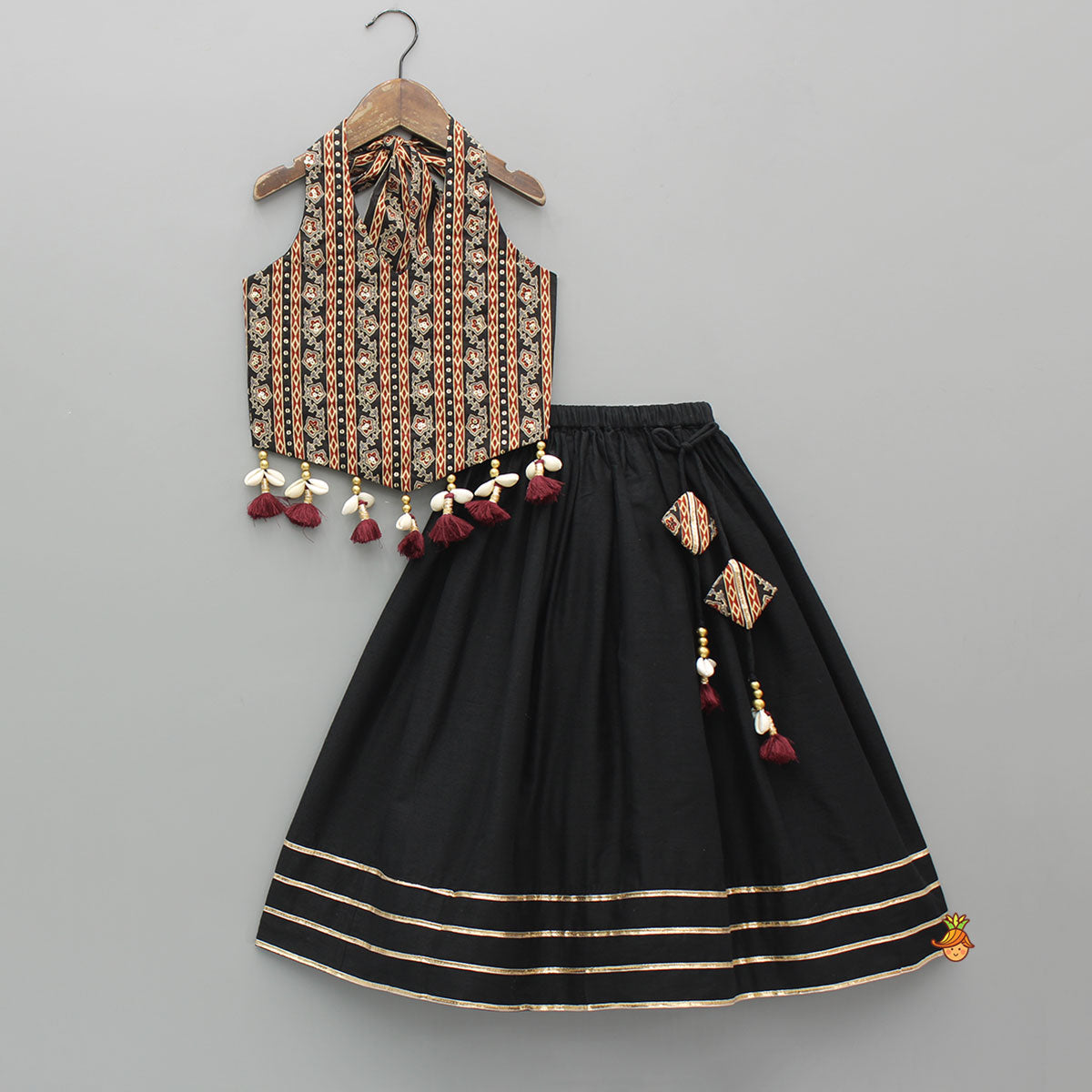 Pre Order: Printed Sequin Embellished Halter Neck Top With Gota Work Lehenga