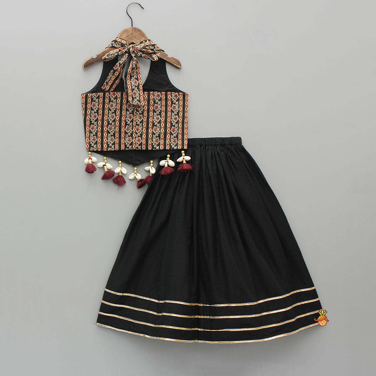 Pre Order: Printed Sequin Embellished Halter Neck Top With Gota Work Lehenga