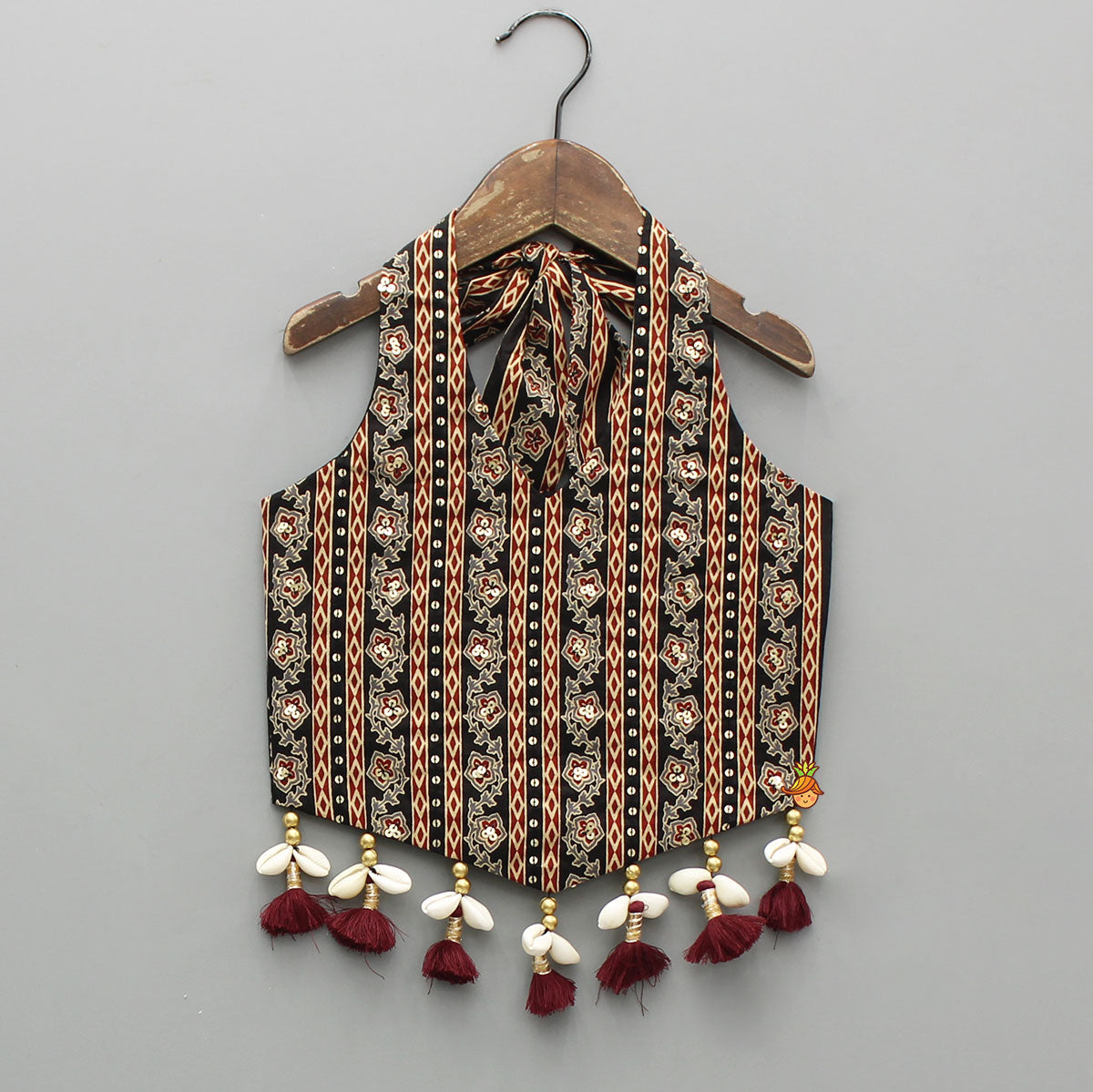 Pre Order: Printed Sequin Embellished Halter Neck Top With Gota Work Lehenga
