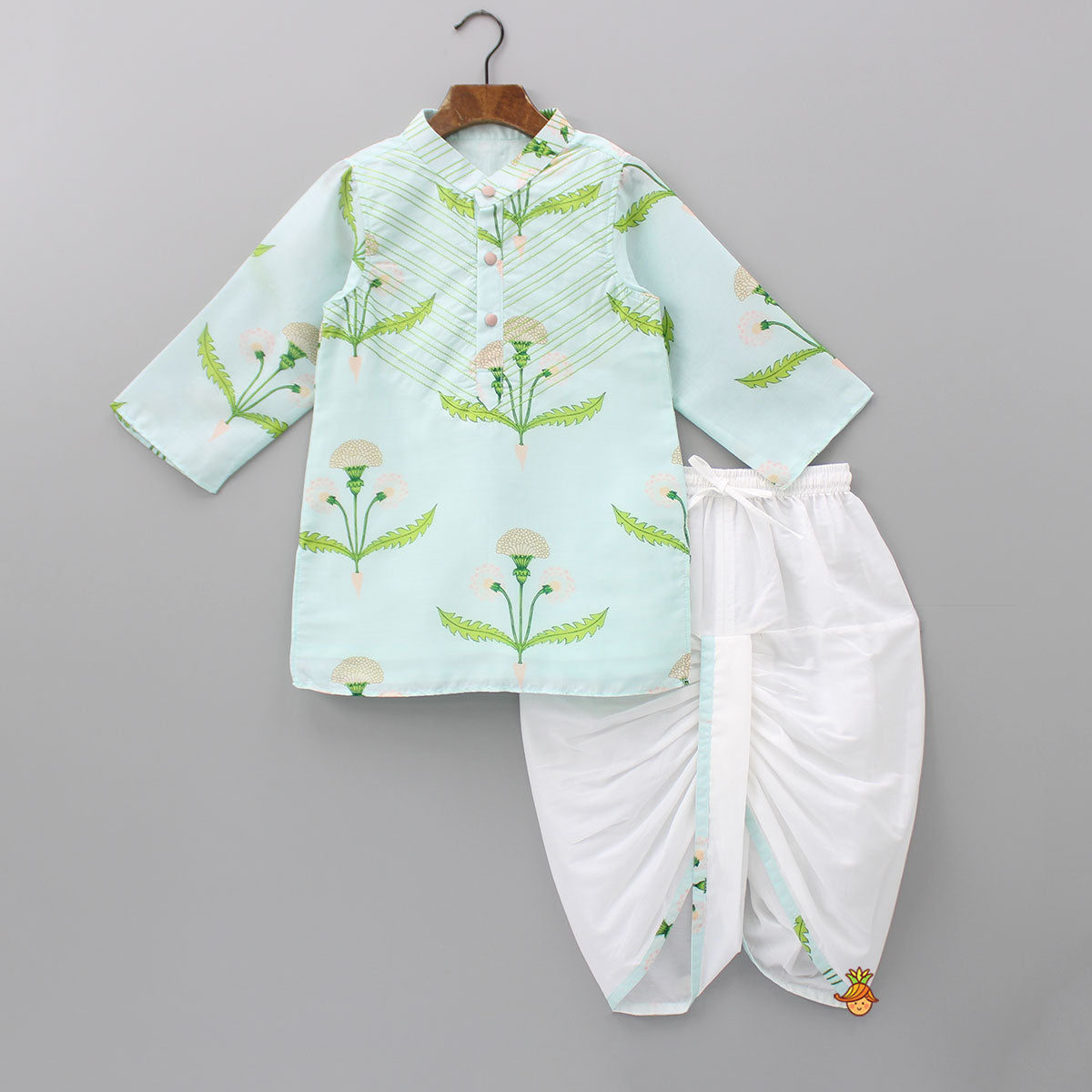 Pre Order: Floral Printed Green Kurta With Dhoti